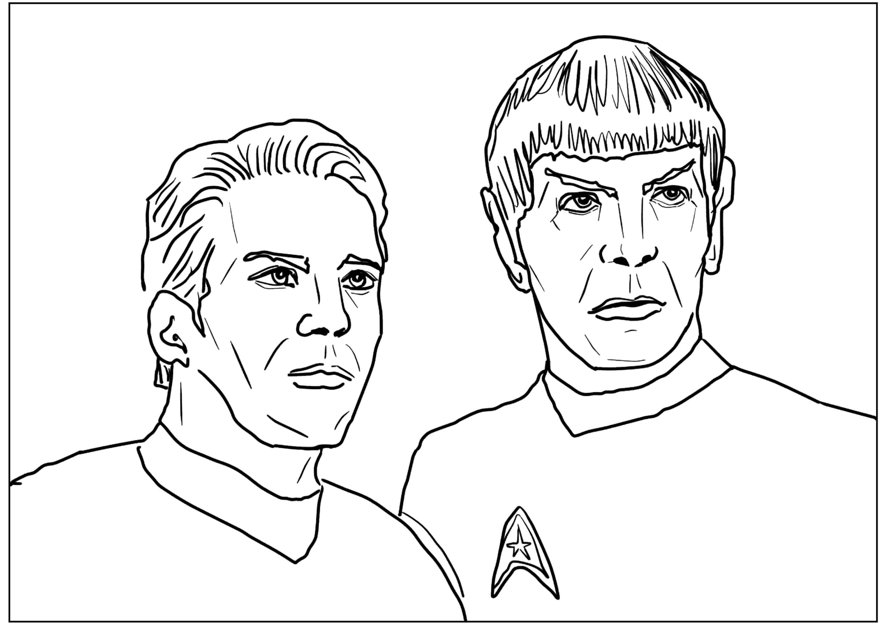 Retratos de los dos héroes: Spock y Kirk (Página de Star Trek para imprimir para niños)