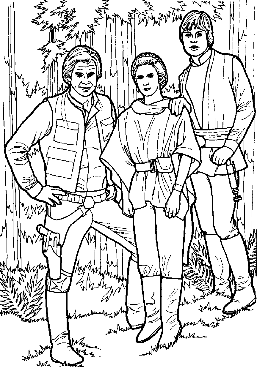 Páginas para colorear de Han Solo, la princesa Leila y Luke Skywalger para imprimir y colorear