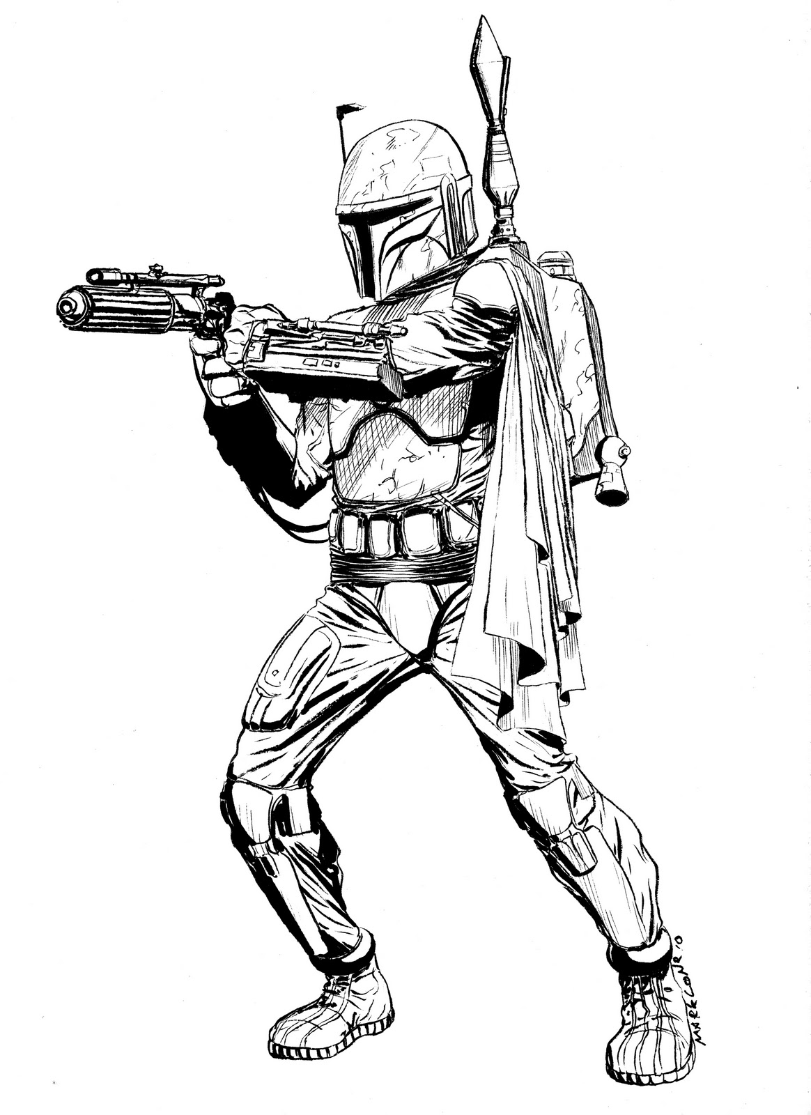 Página para colorear del cazarrecompensas Boba Fett.  Boba Fett es el clon de Jango Fett, al que ha mantenido con él como su hijo, entre otros miles de clones fabricados a su imagen en el planeta Kamino y que aparecerán en el Episodio II de la saga Star Wars, El ataque de los clones.