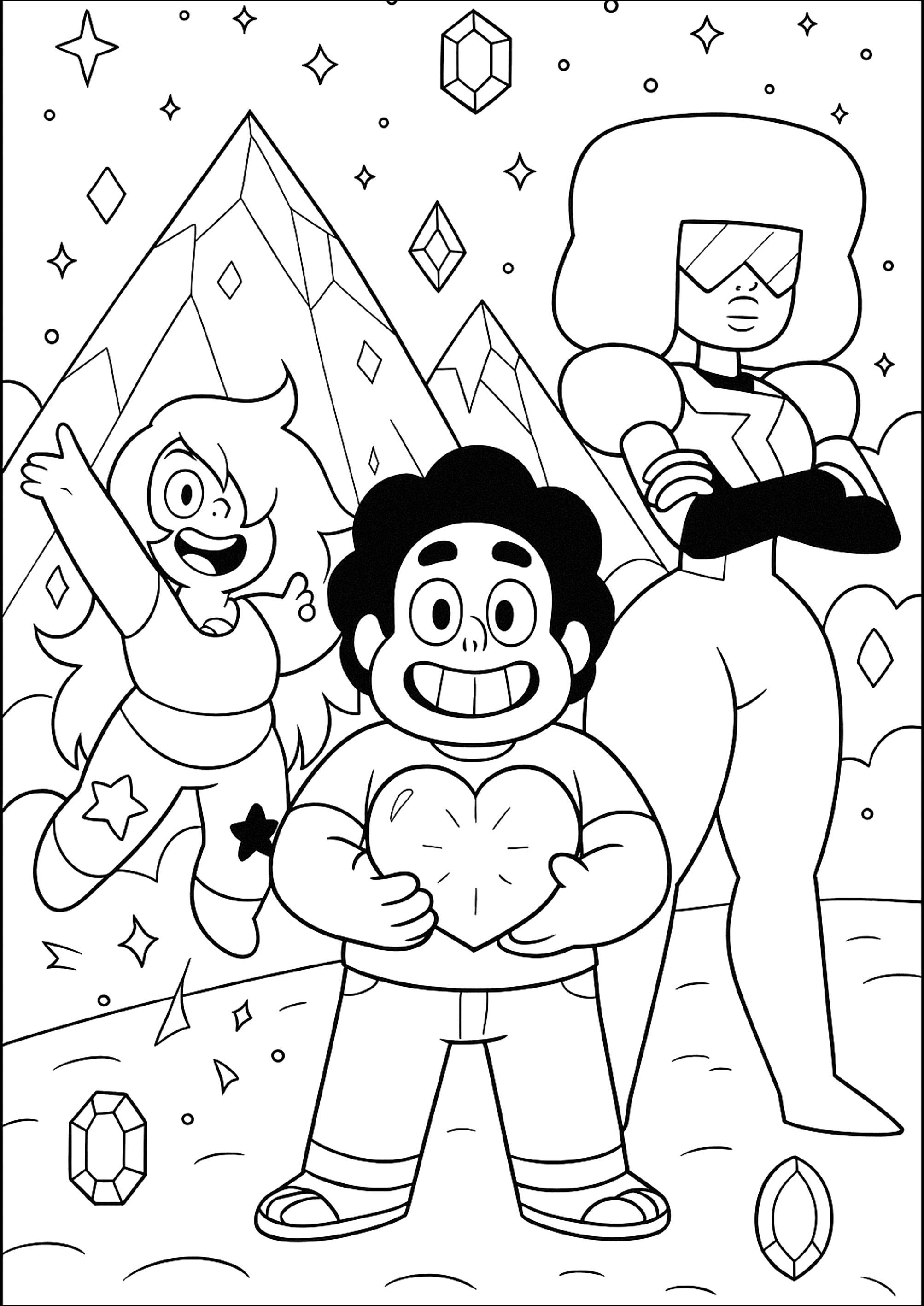 Tres personajes (Página de Steven Universe para imprimir para niños)