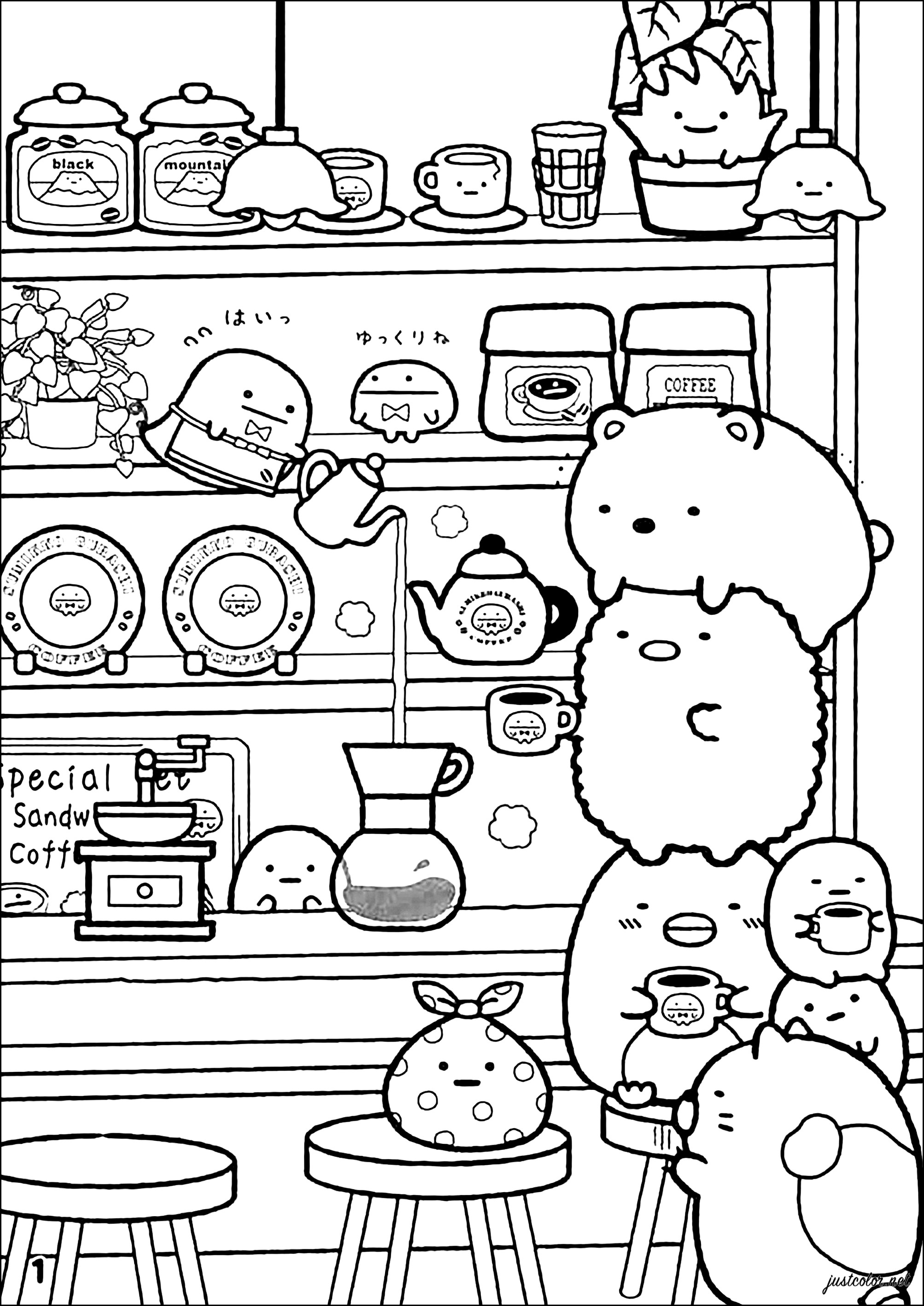 Dulces criaturas en un animado café (Página de Sumikko Gurashi para imprimir para niños)