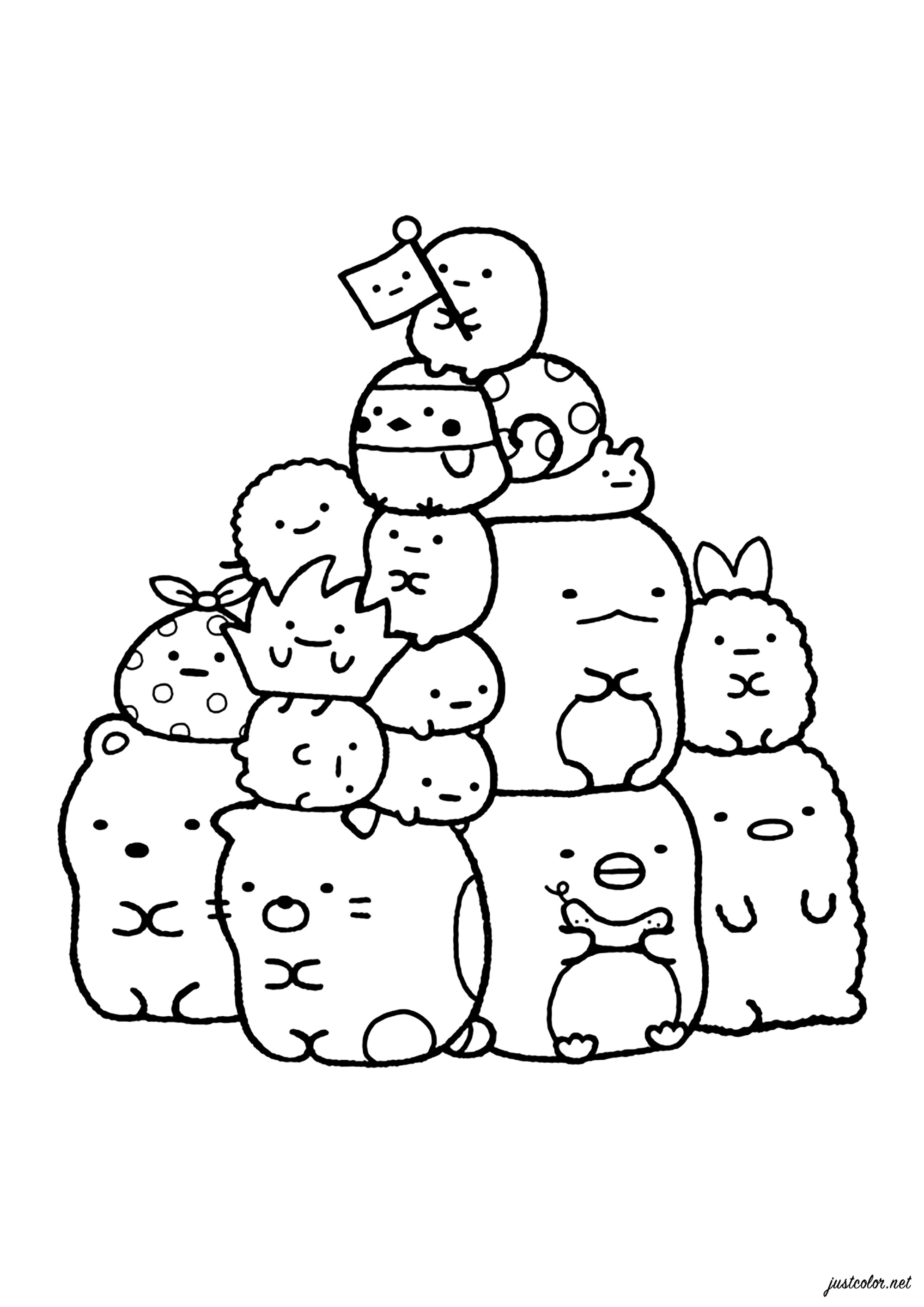 Una montaña de criaturas adorables y alegres (Página de Sumikko Gurashi para imprimir para niños)