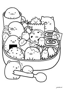 Un dulce festín de adorables criaturas (Página de Sumikko Gurashi  para imprimir)