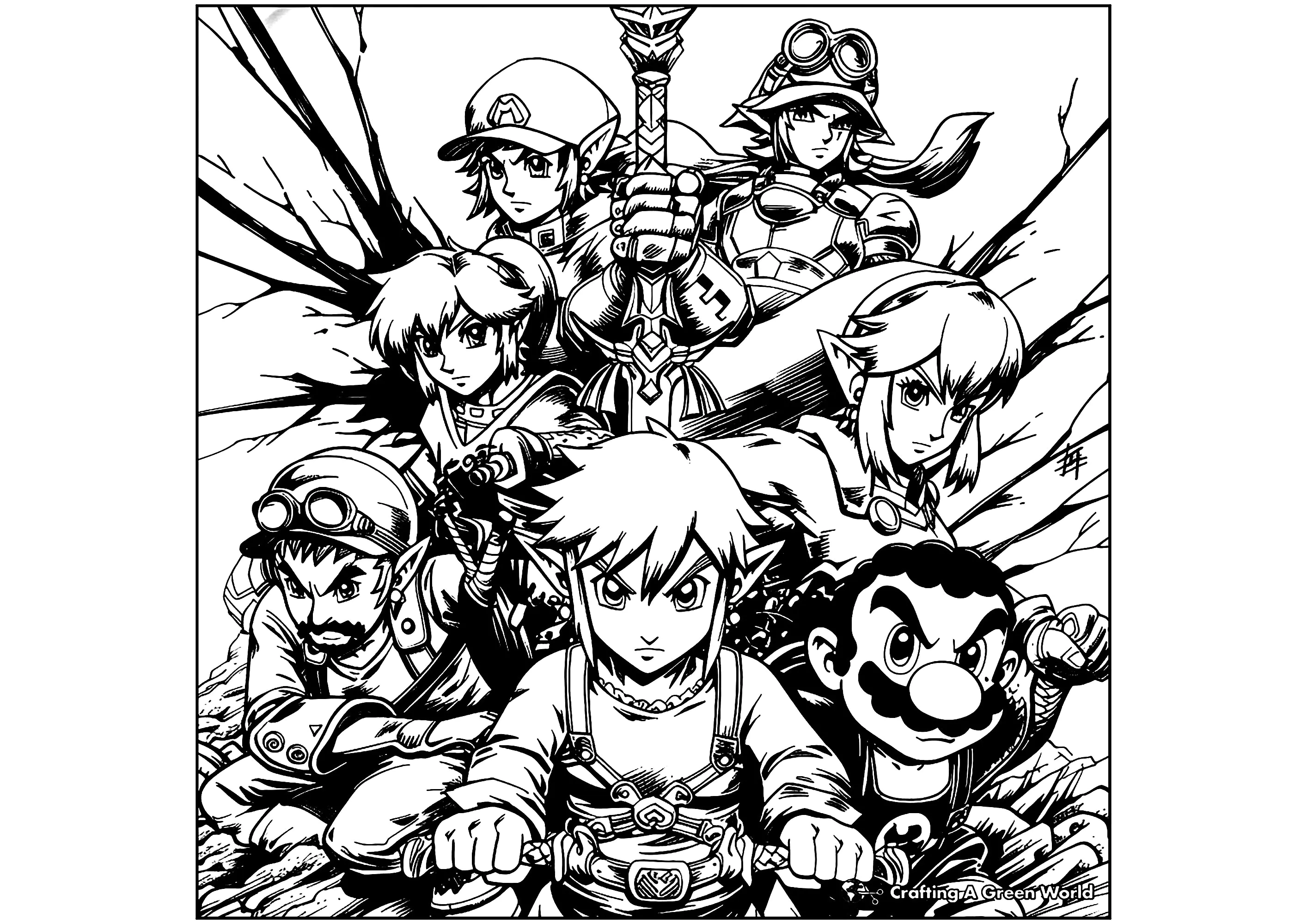 Magnífico dibujo con Zelda y Mario en particular (Página de Super Smash Bros para imprimir para niños)