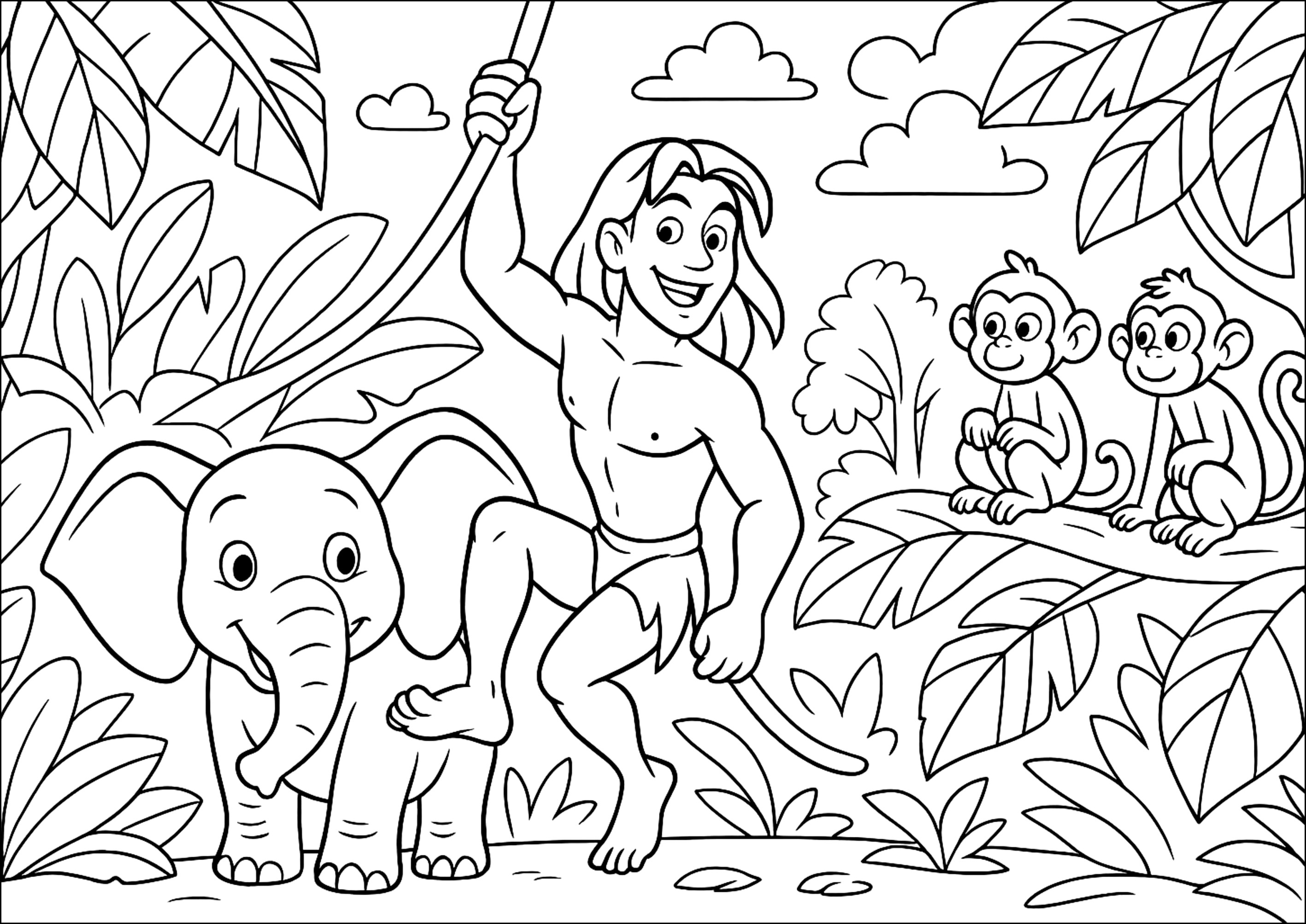 Aventura alegre en la jungla (Página de Tarzán para imprimir para niños)