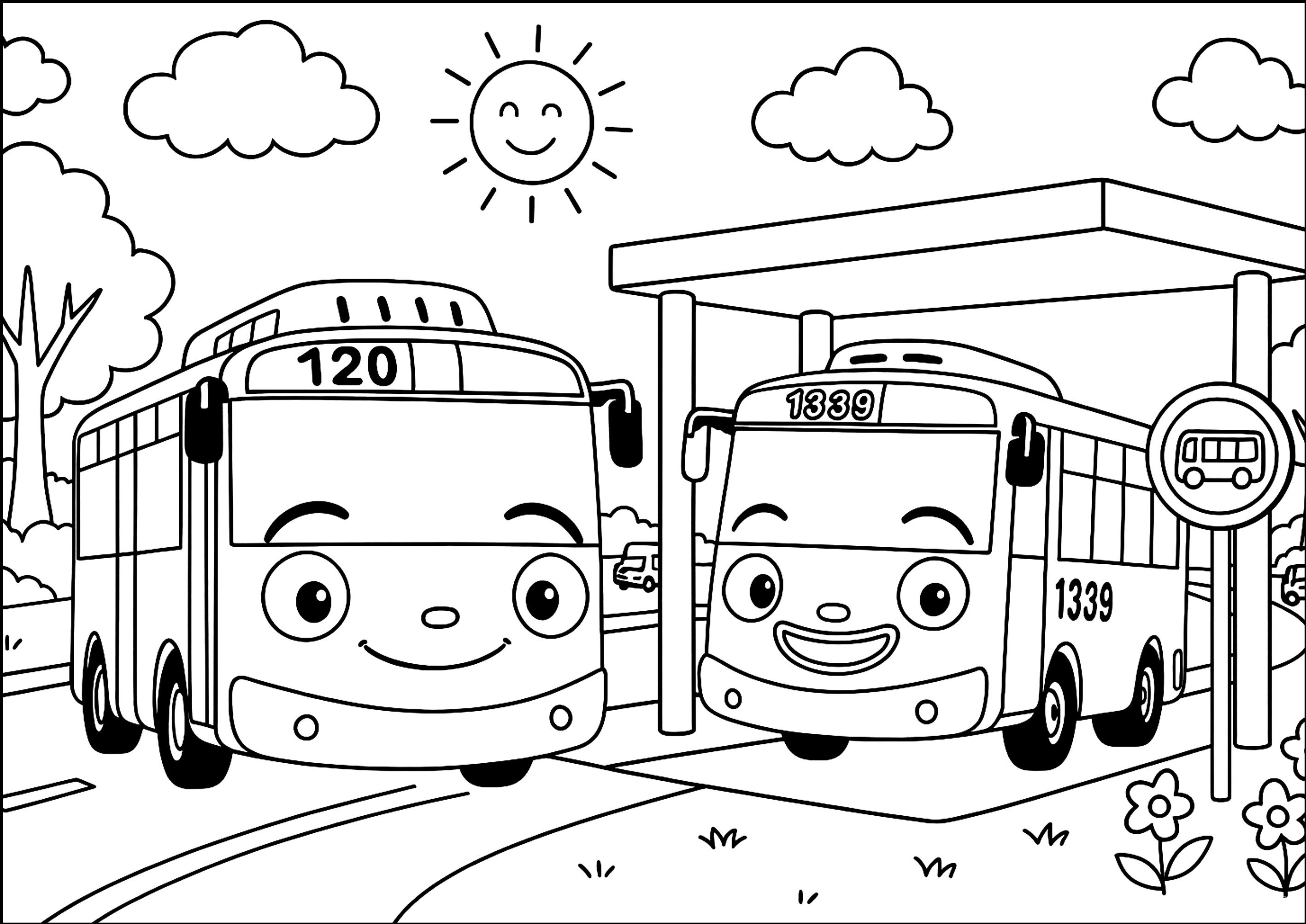 Día alegre para dos bonitos autobuses (Página de Tayo para imprimir para niños)