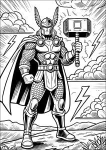 Página de para imprimir para niños : Thor con armadura y su martillo: Mjöllnir (estilo manga)