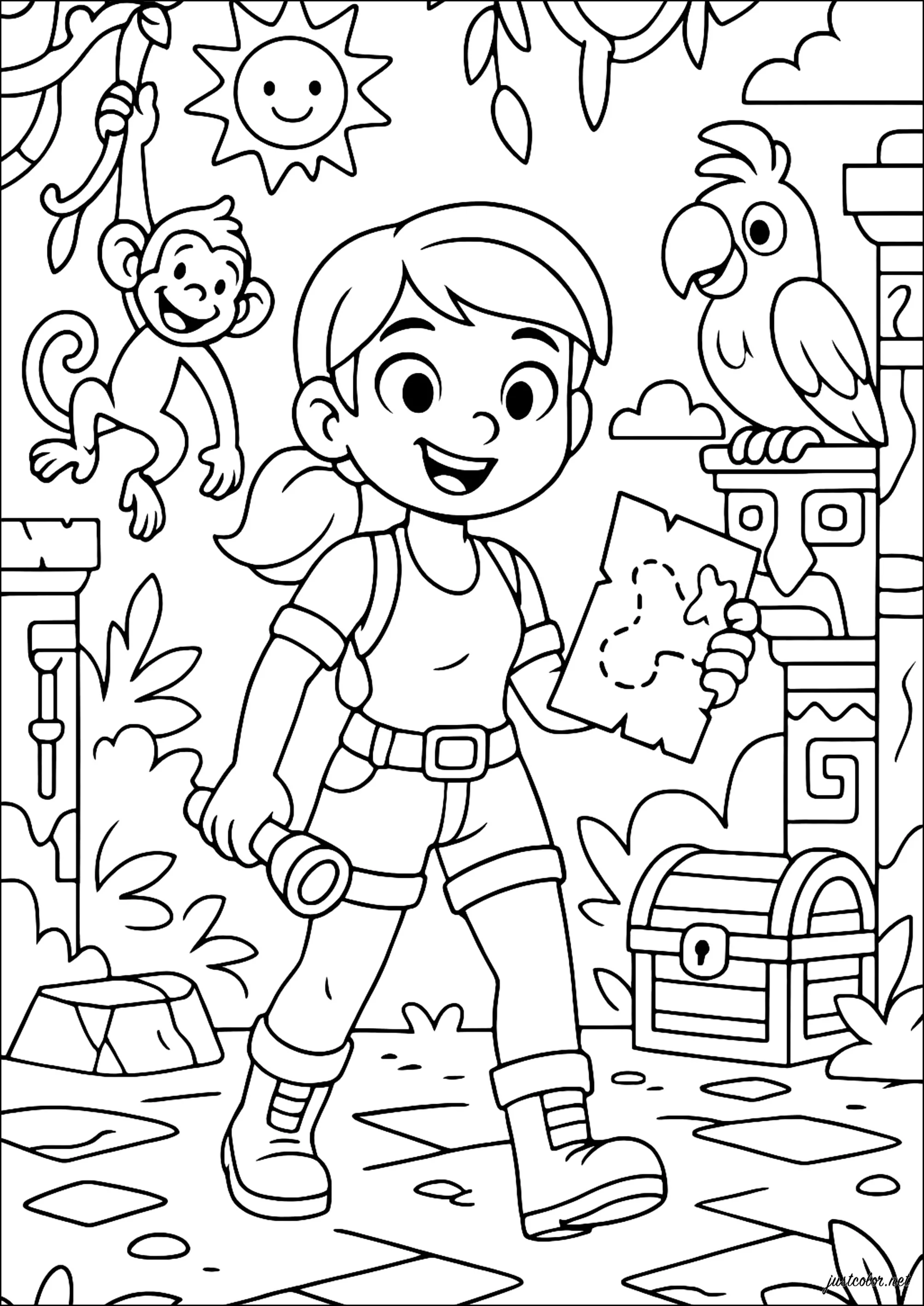 Aventura en la selva tropical misteriosa (Página de Tomb Raider para imprimir para niños)