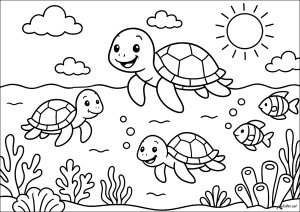 Aventura marina de las Tortugas alegres (Página para imprimir)