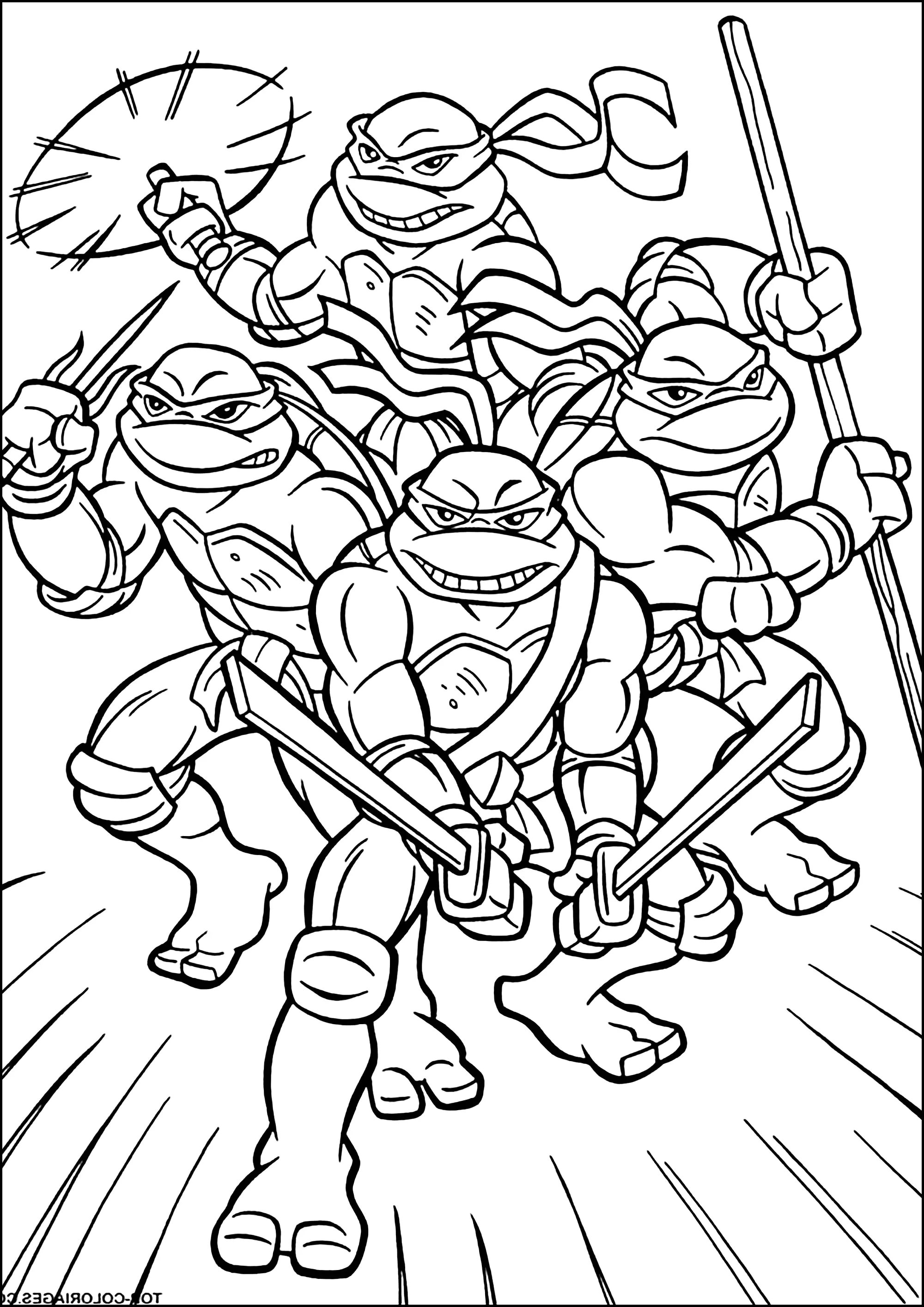 Las cuatro Tortugas Ninja en acción (Página para imprimir para niños)