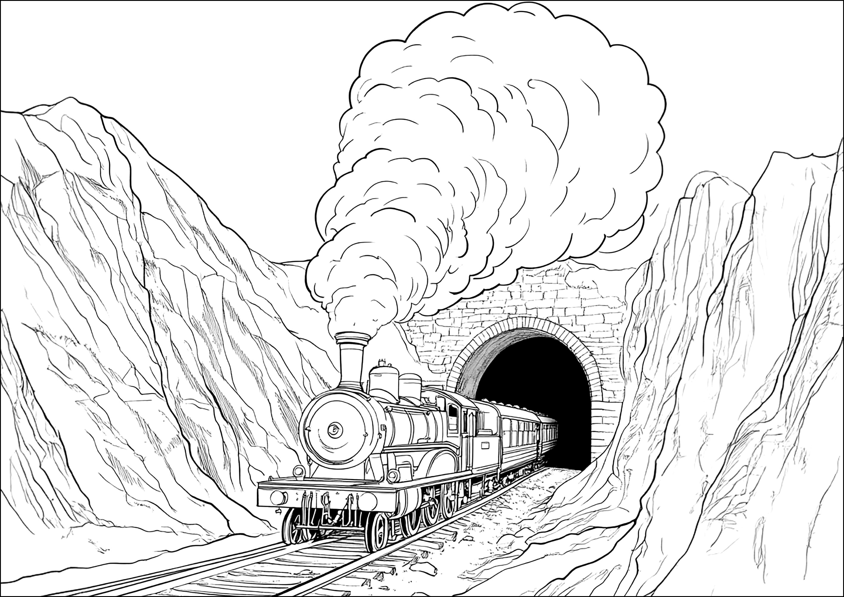 Tren saliendo de un túnel a través de las montañas (Página de Transporte para imprimir para niños)