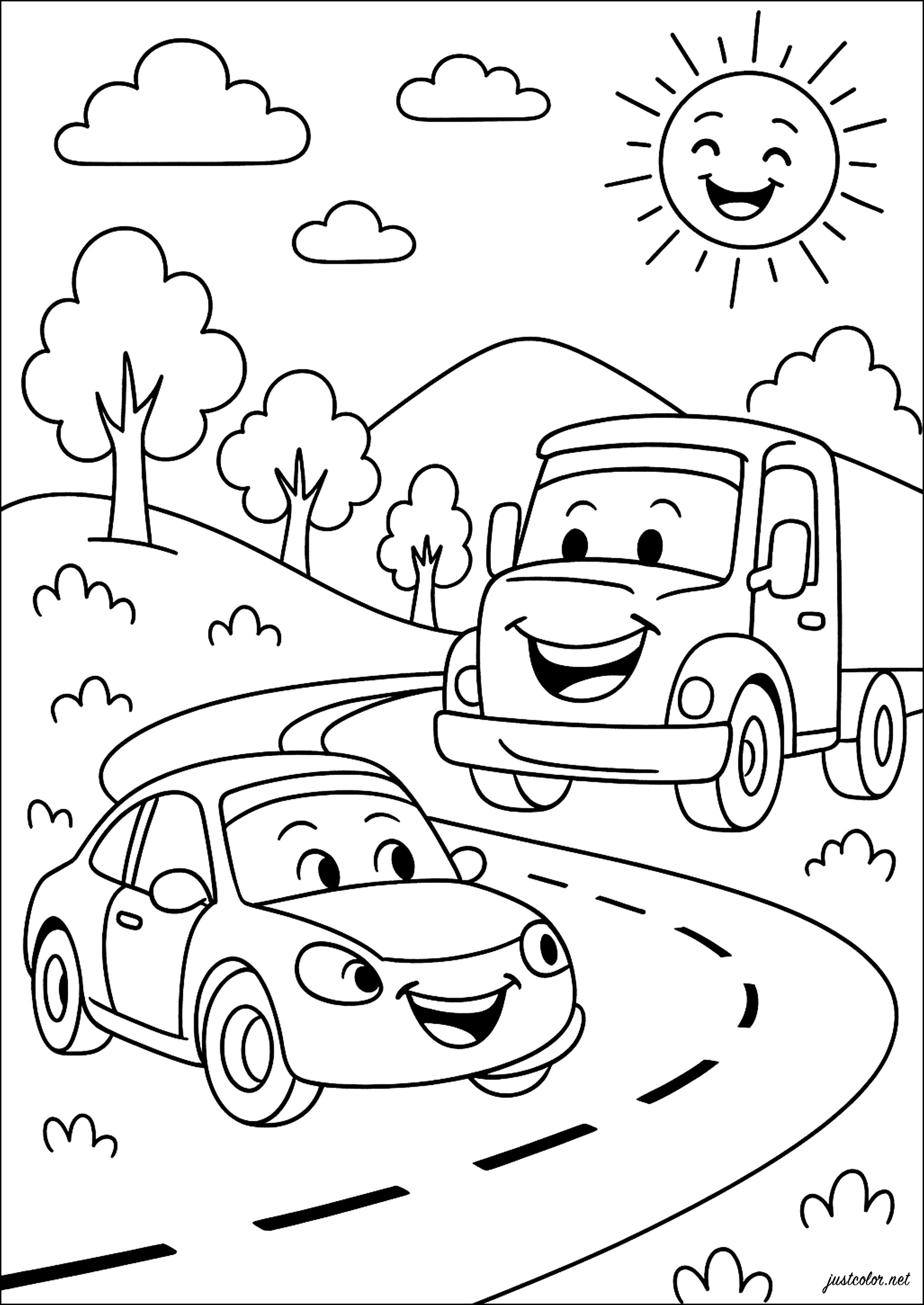 Coche y camión con caras sonrientes (Página de Transporte para imprimir para niños)