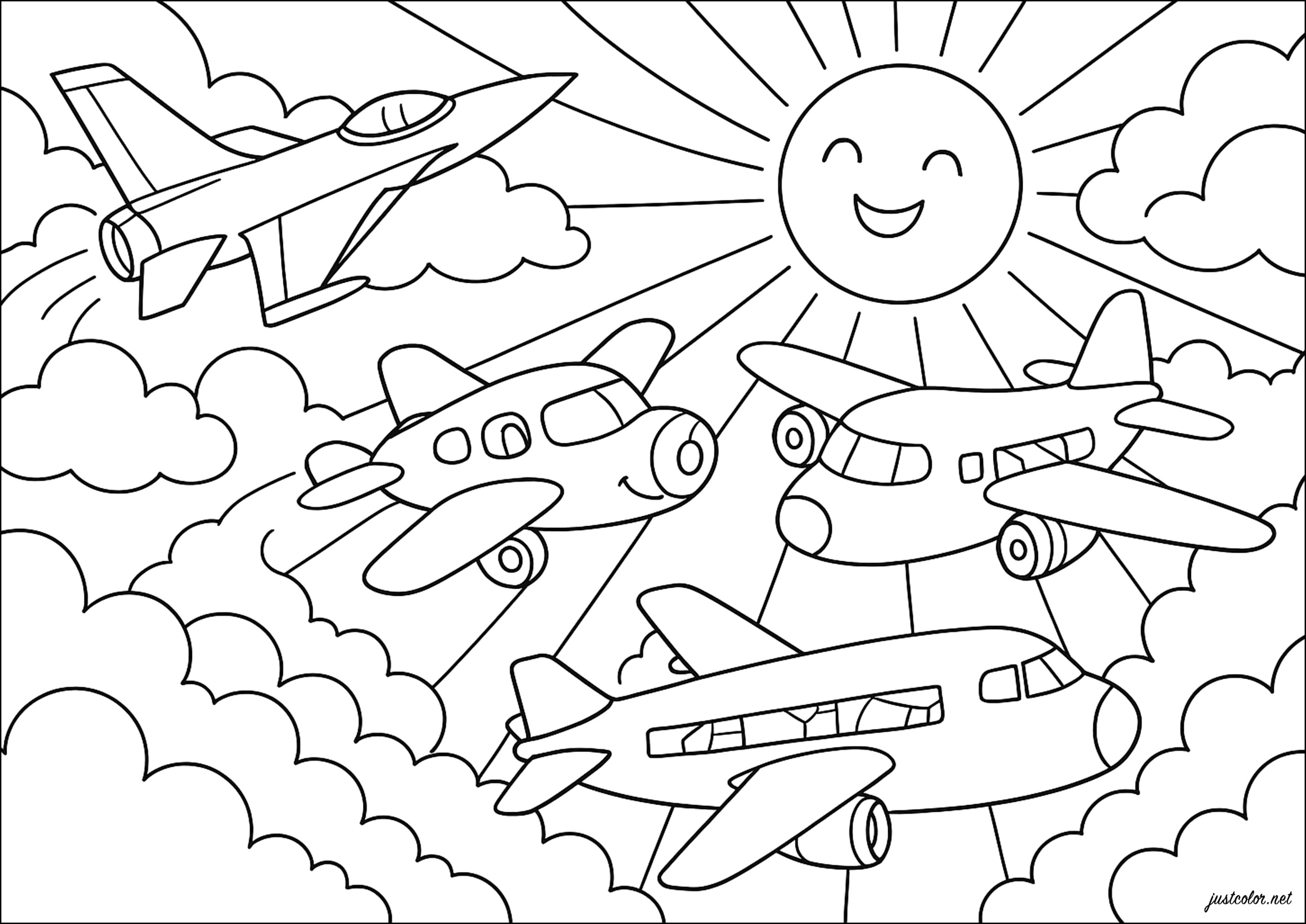 Diversos tipos de aviones en el cielo (Página de Transporte para imprimir para niños)