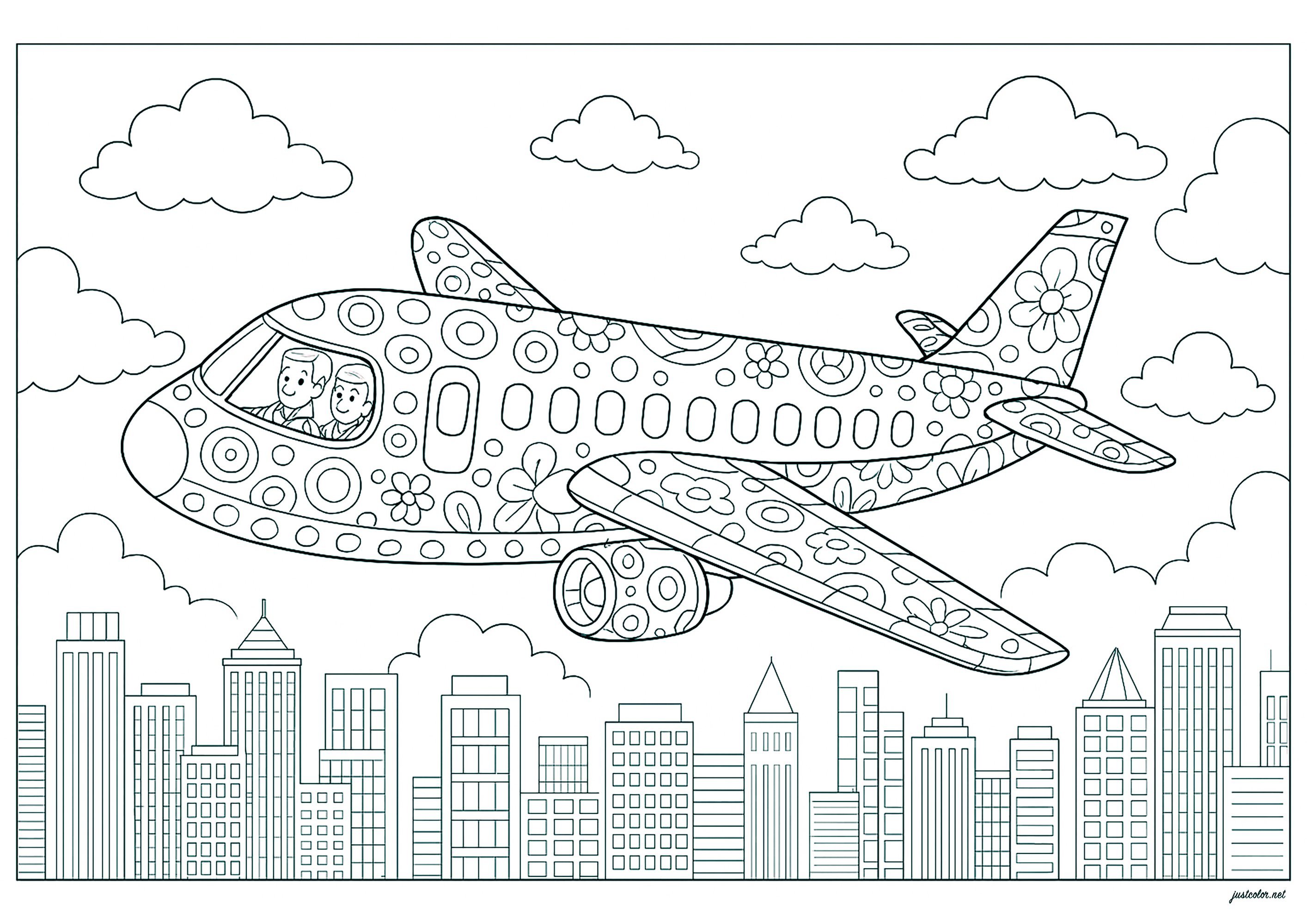 Avión sobre una ciudad llena de rascacielos (Página de Transporte para imprimir para niños)