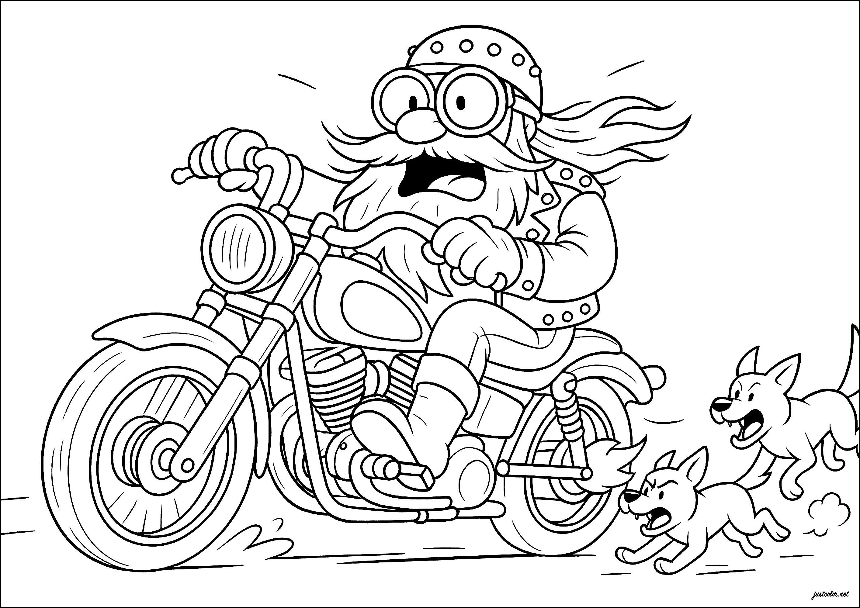 Motociclista perseguido por perros (Página de Transporte para imprimir para niños)
