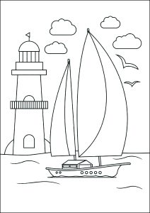 Página de Barco para imprimir para niños : Bonito velero y faro