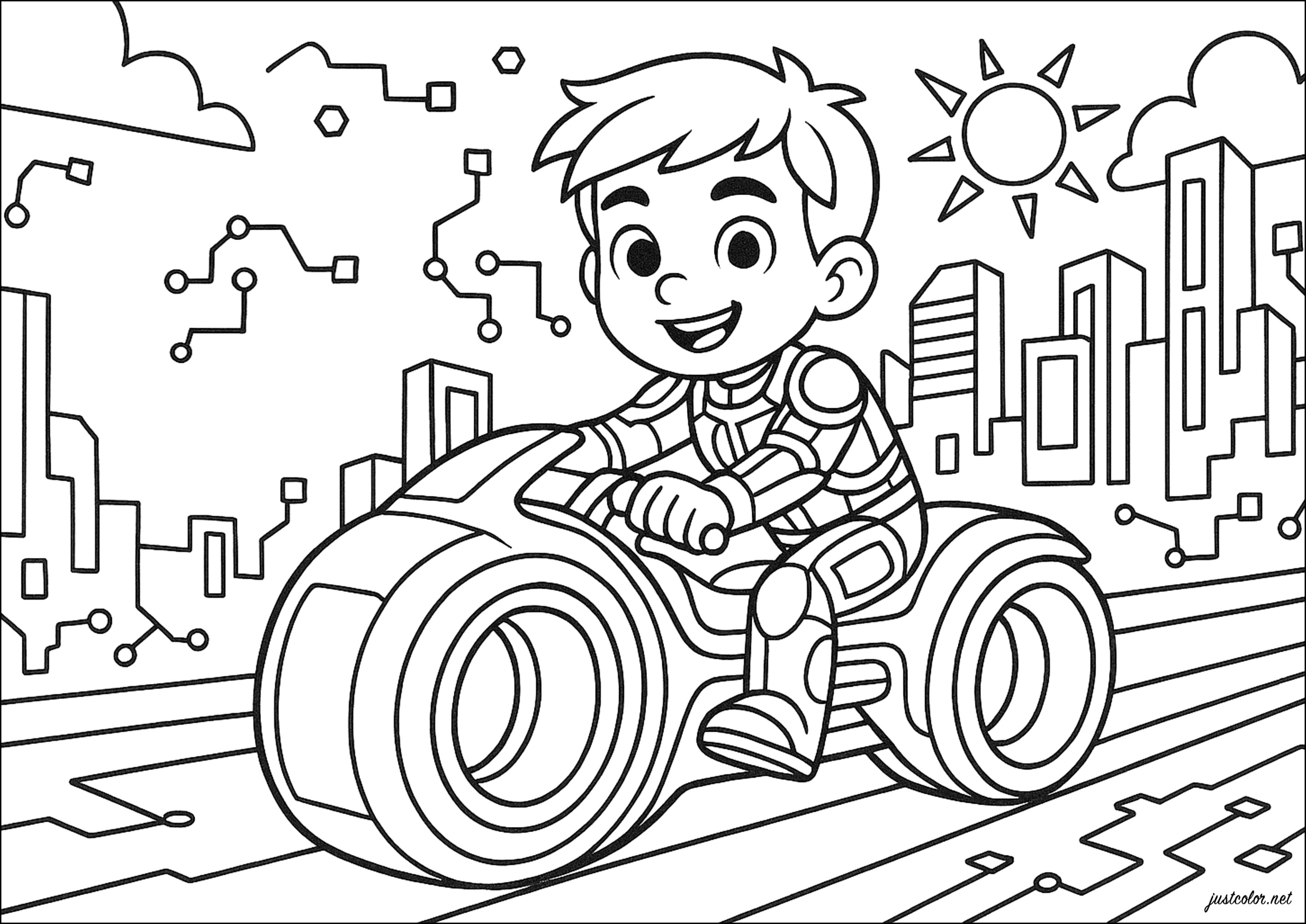 Curso luminoso en una ciudad digital (Página de Tron para imprimir para niños)