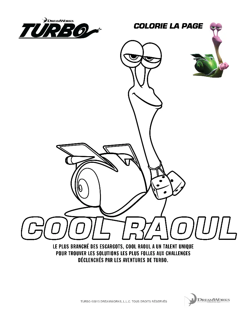 Cool Raoul, el más moderno del grupo, pero no el más lento (Página de Turbo para imprimir para niños)