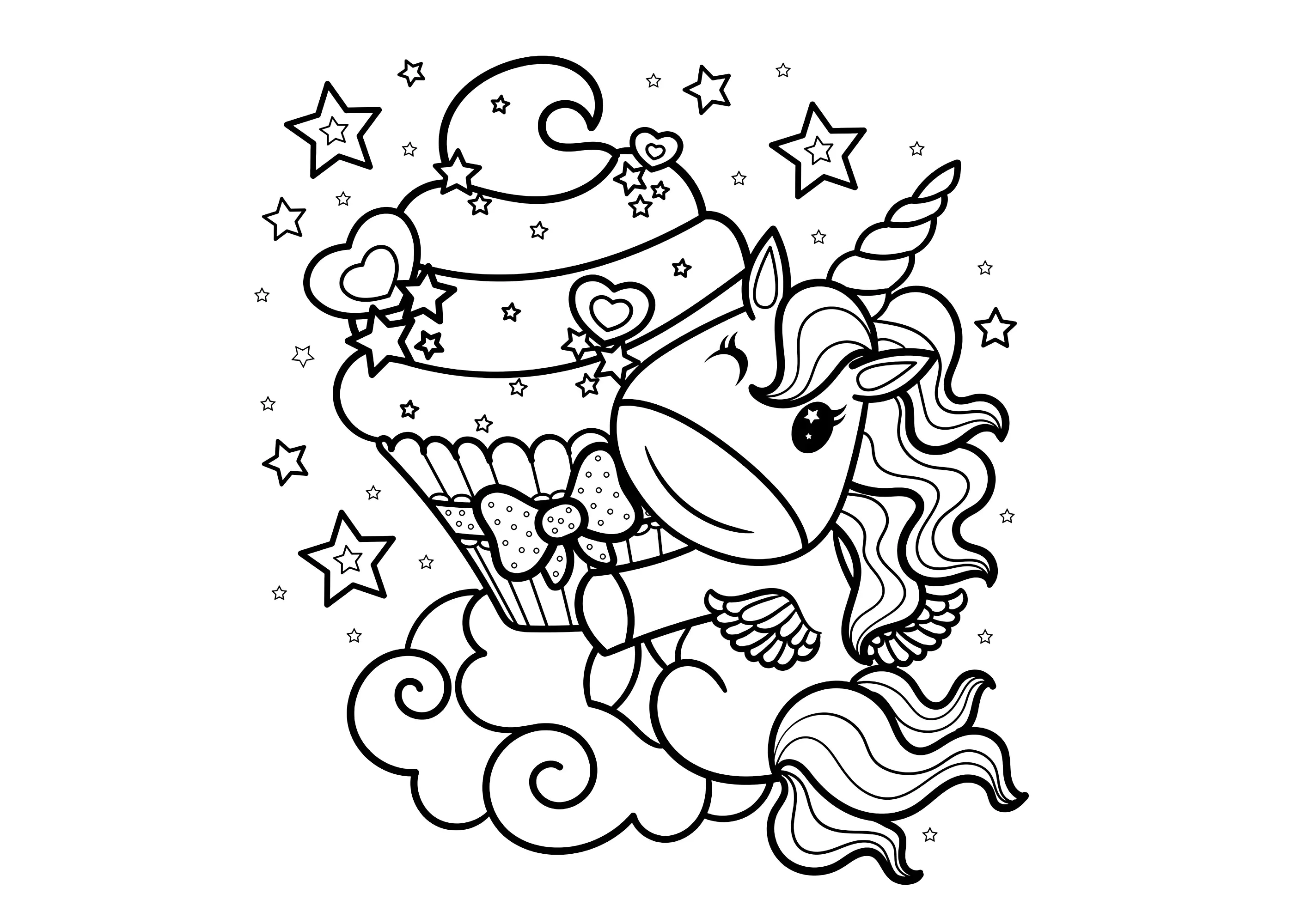 Unicornio y gran cupake en las nubes (Página para imprimir para niños)