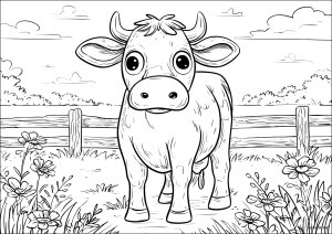 Vaca curiosa en el prado (Página para imprimir)