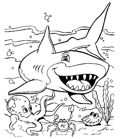 Coloración de tiburones (Página de Vacaciones en el mar para imprimir para niños)