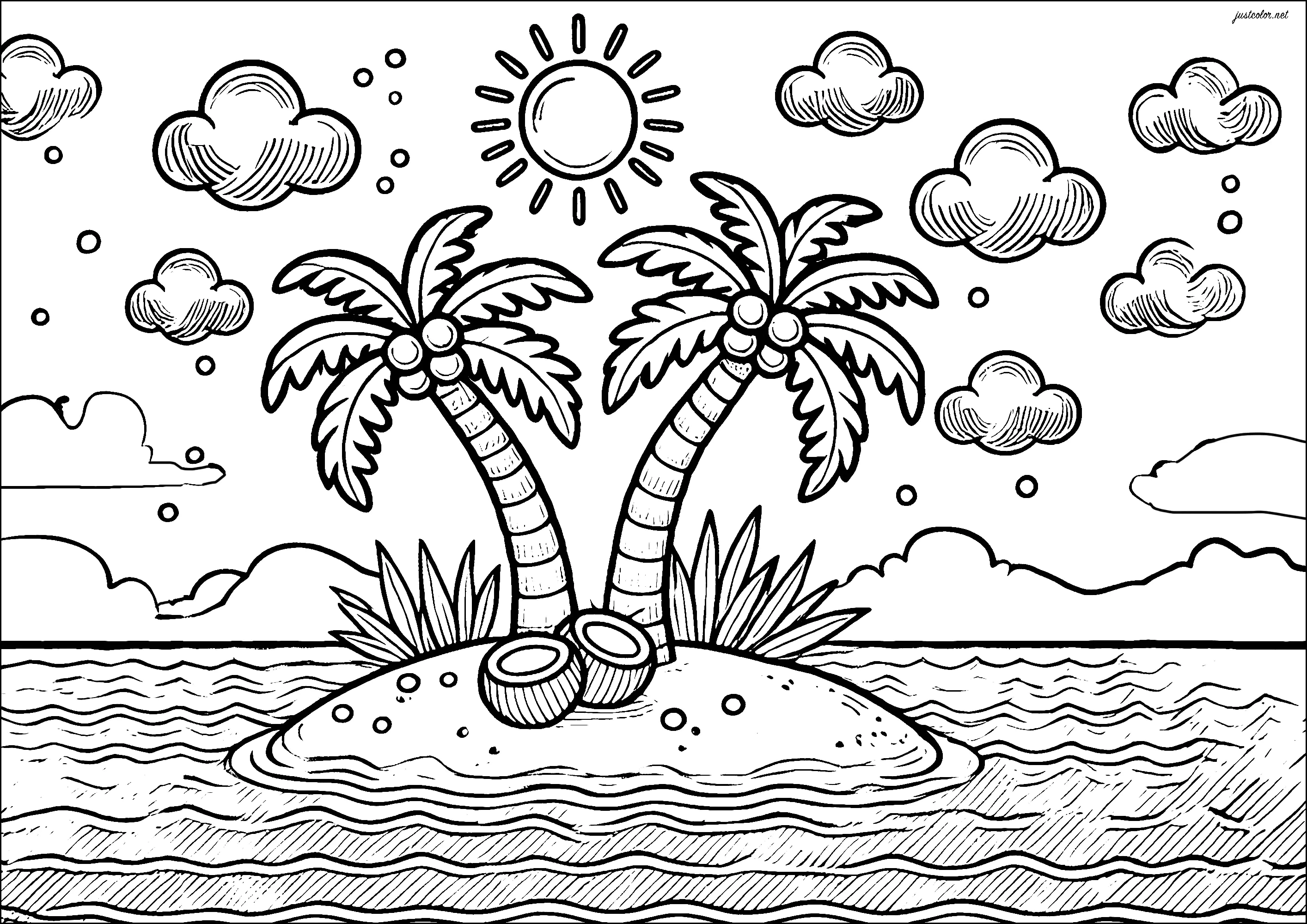 Una pequeña isla desierta con cocoteros (Página de Vacaciones en el mar para imprimir para niños)