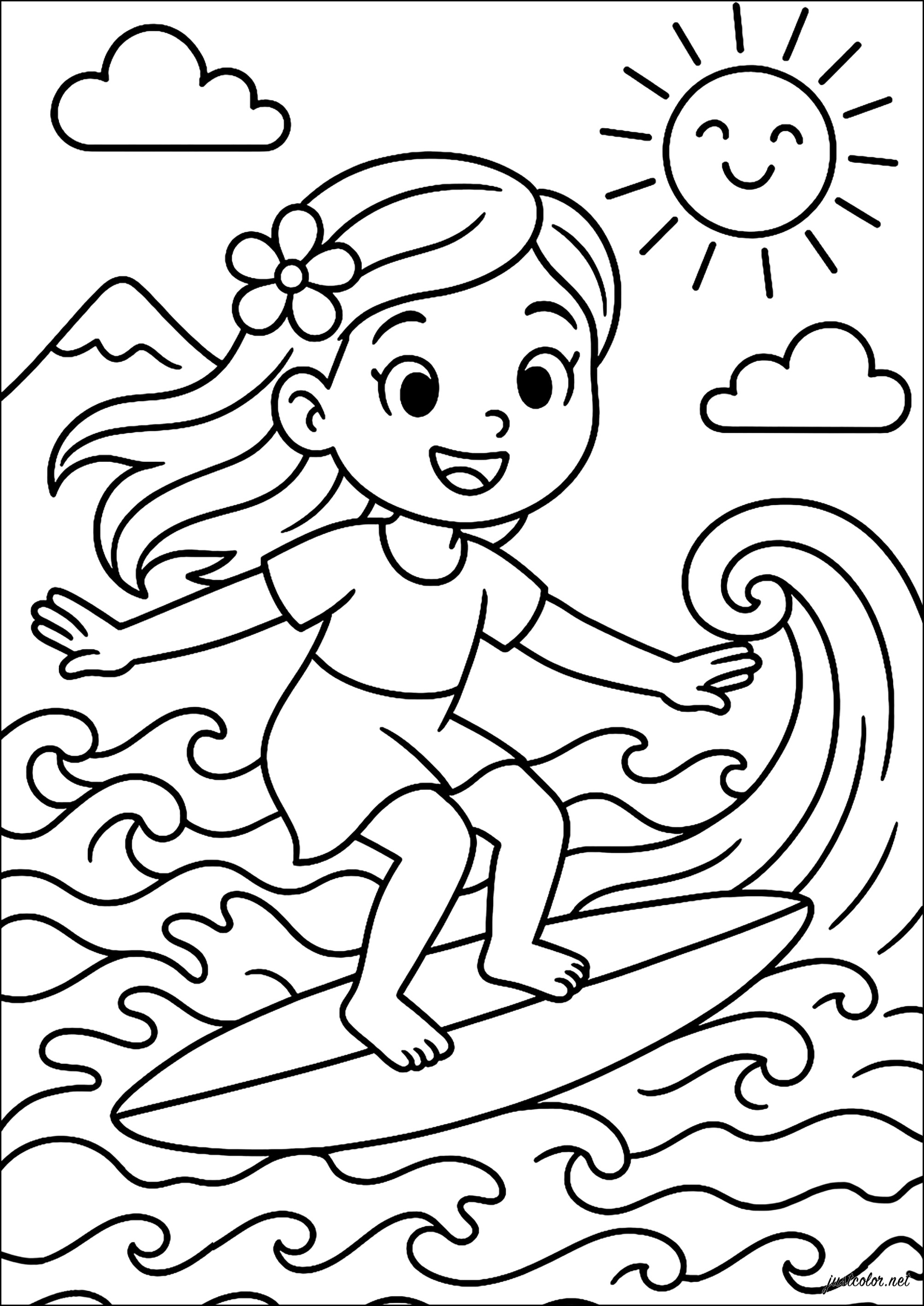 Surfea en las olas (Página de Vacaciones en el mar para imprimir para niños)