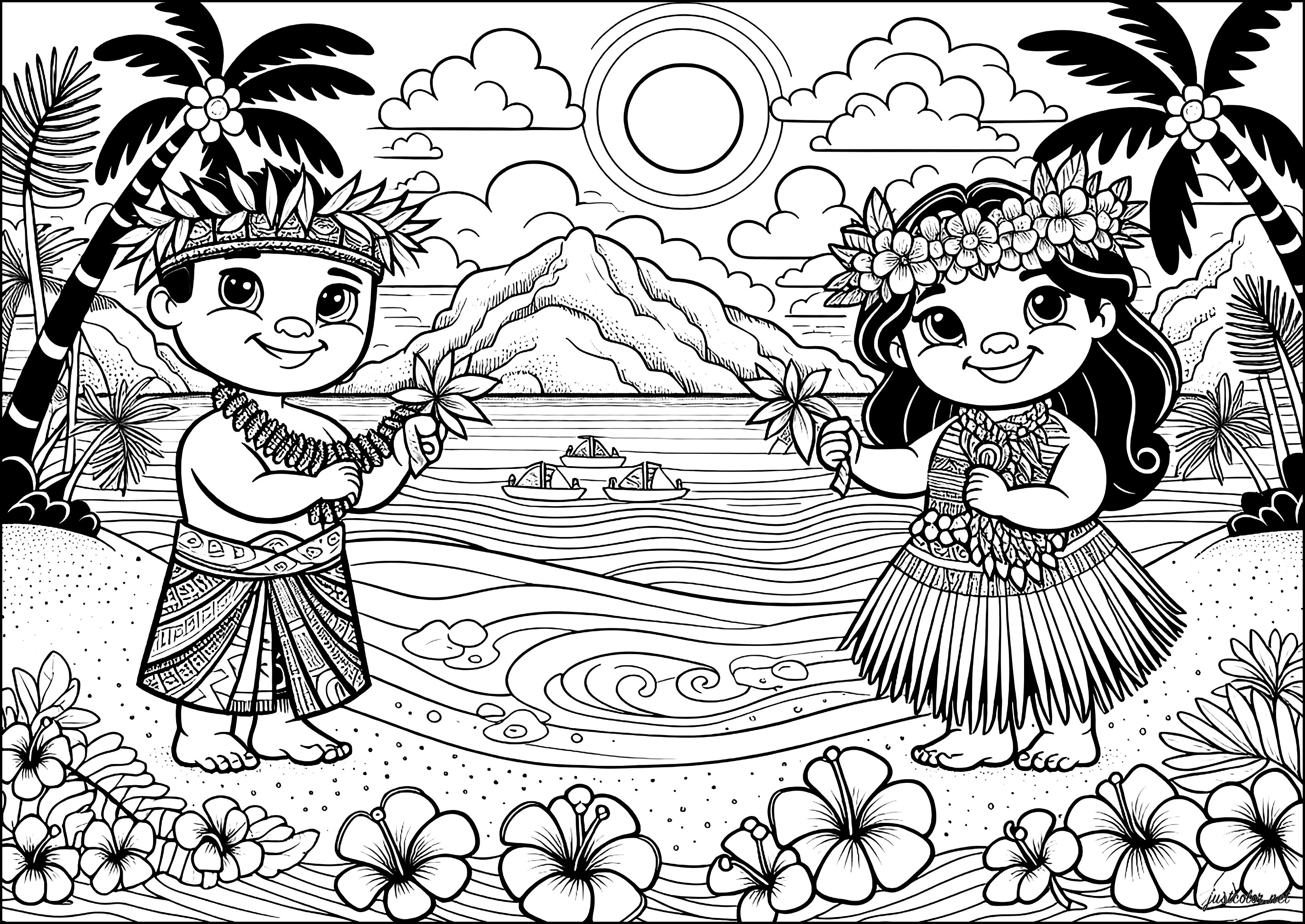 Celebración en una playa polinesia (Página de Vacaciones en el mar para imprimir para niños)