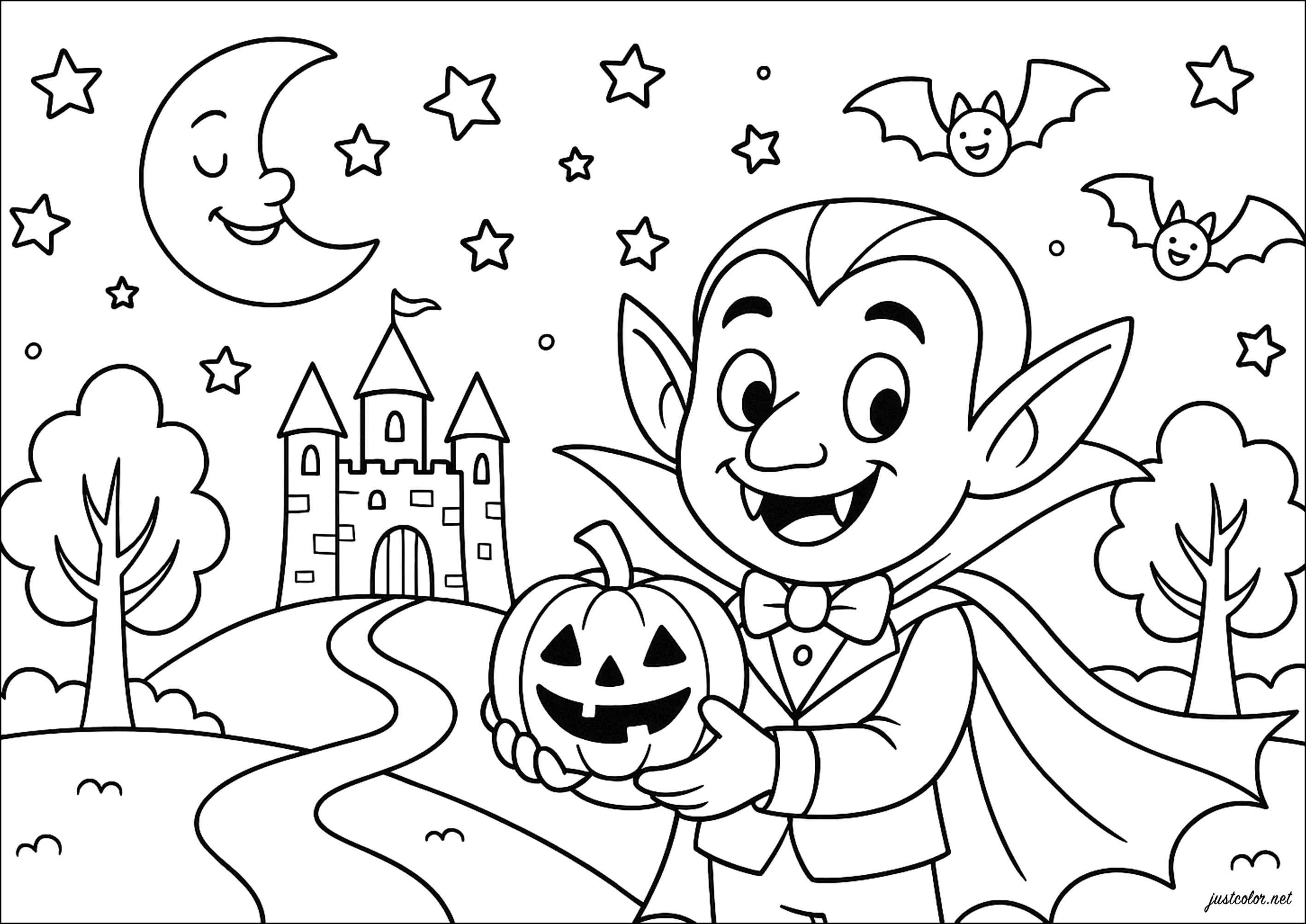 Vampiro alegre y su calabaza (Página para imprimir para niños)