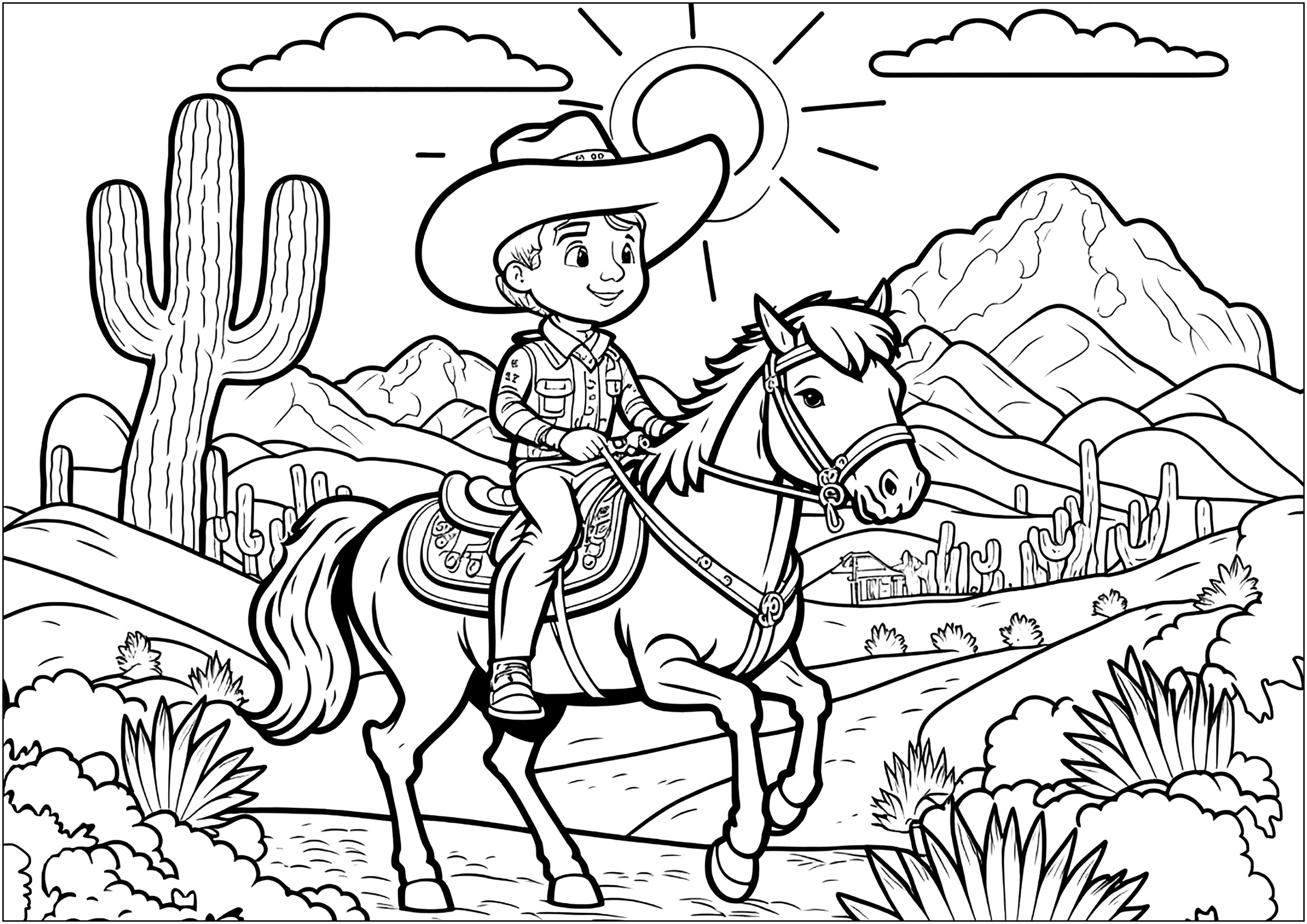 Joven vaquero a caballo y paisaje del Lejano Oeste, para colorear