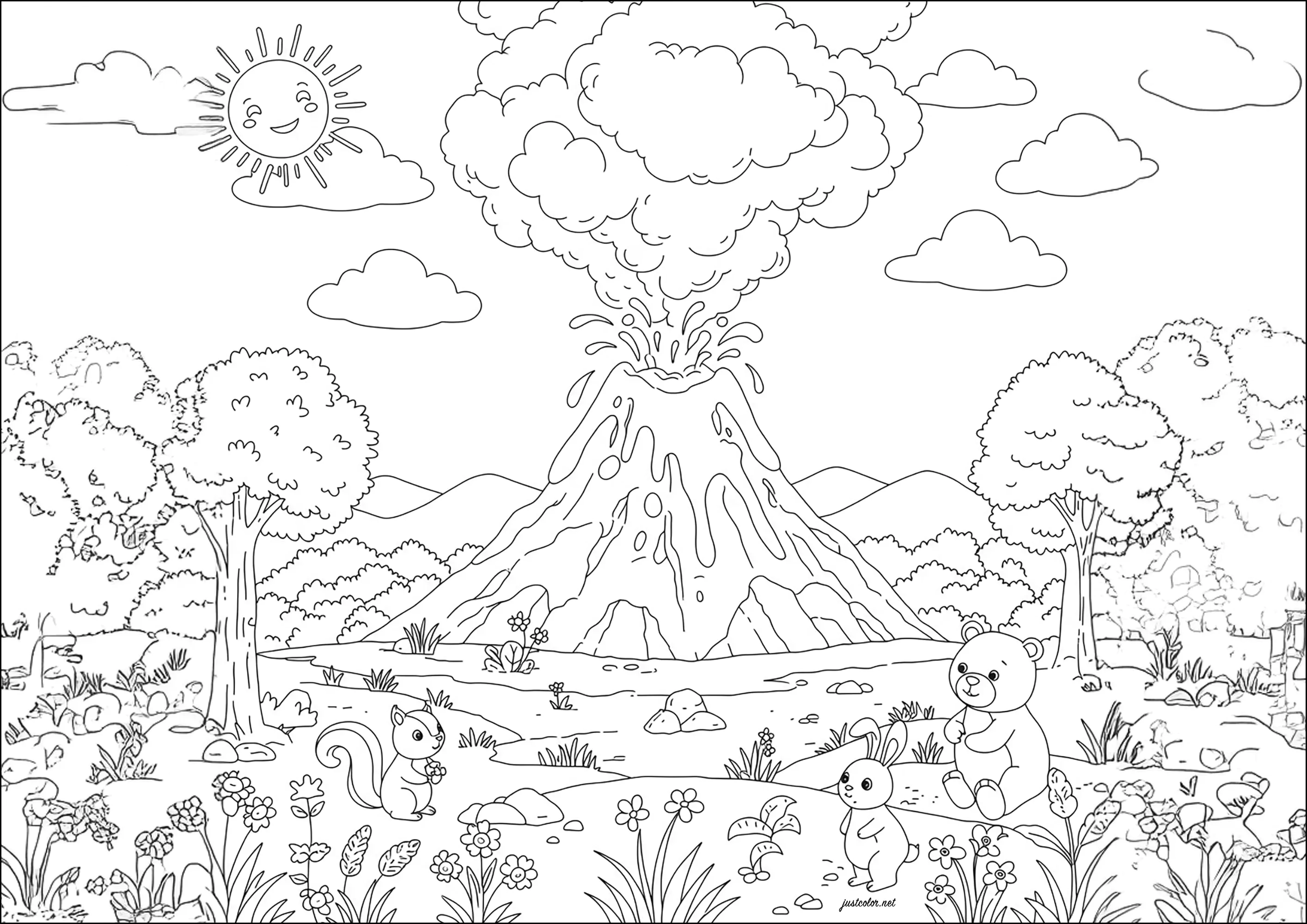 Volcán y animales del bosque (Página para imprimir para niños)