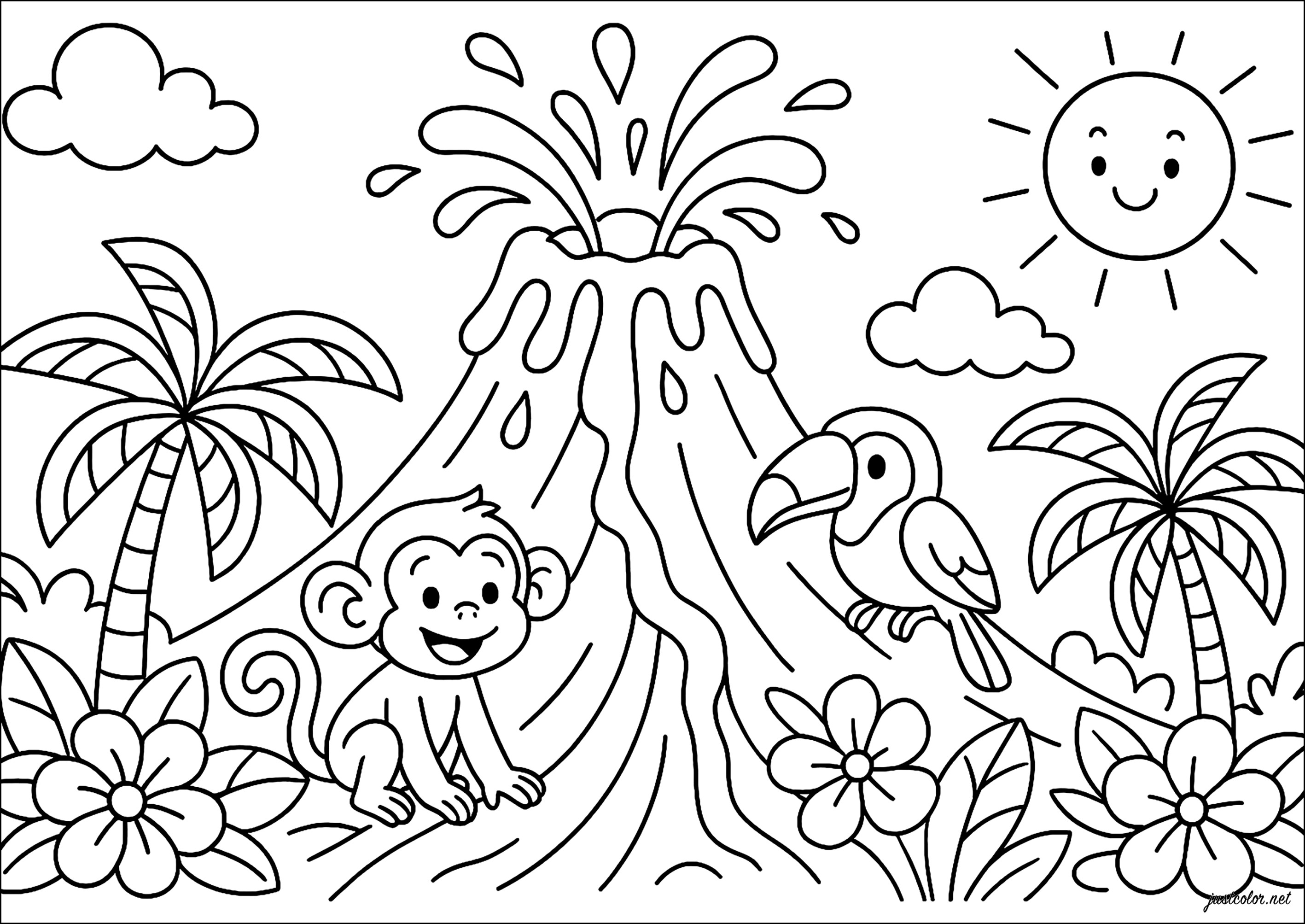 Volcán Tropical en Erupción (Página para imprimir para niños)