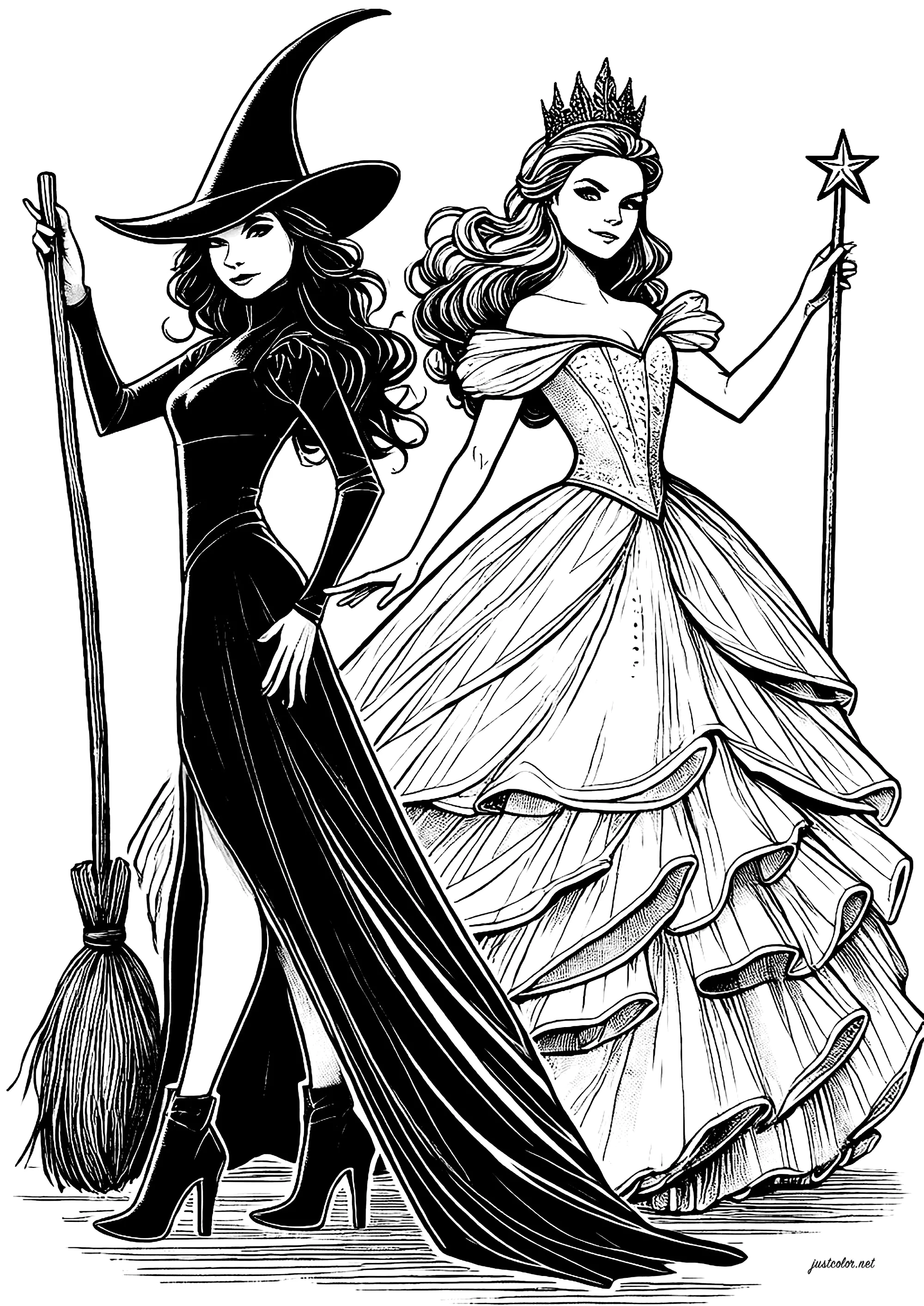 Elphaba y Glinda reunidas (Página de Wicked para imprimir para niños)