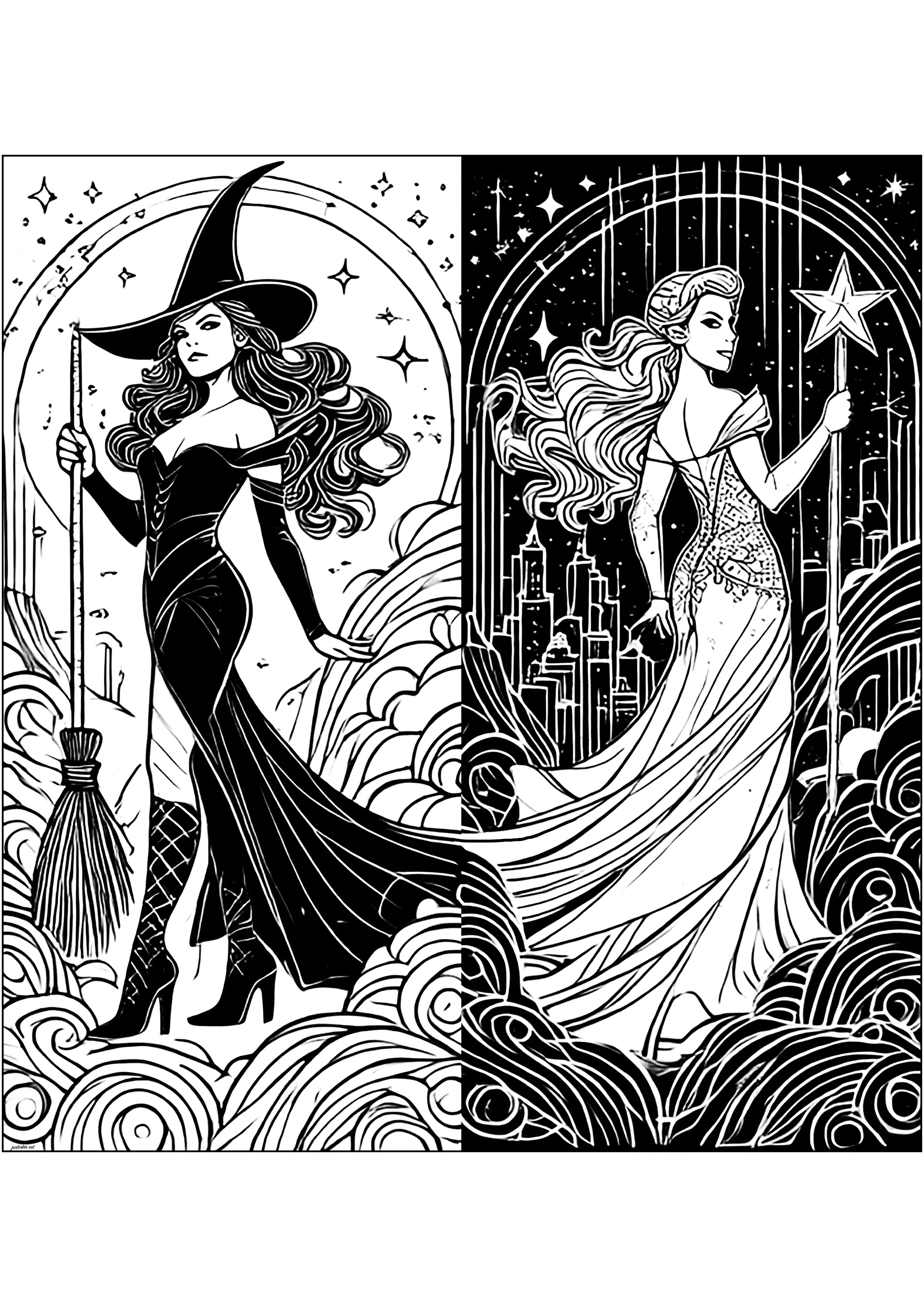 Elphaba y Glinda: todo contrastes (Página de Wicked para imprimir para niños)