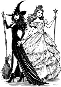 Página de Wicked para imprimir para niños : Elphaba y Glinda reunidas