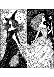 Página de Wicked para imprimir para niños : Colorear inspirado en Elphaba y Glinda