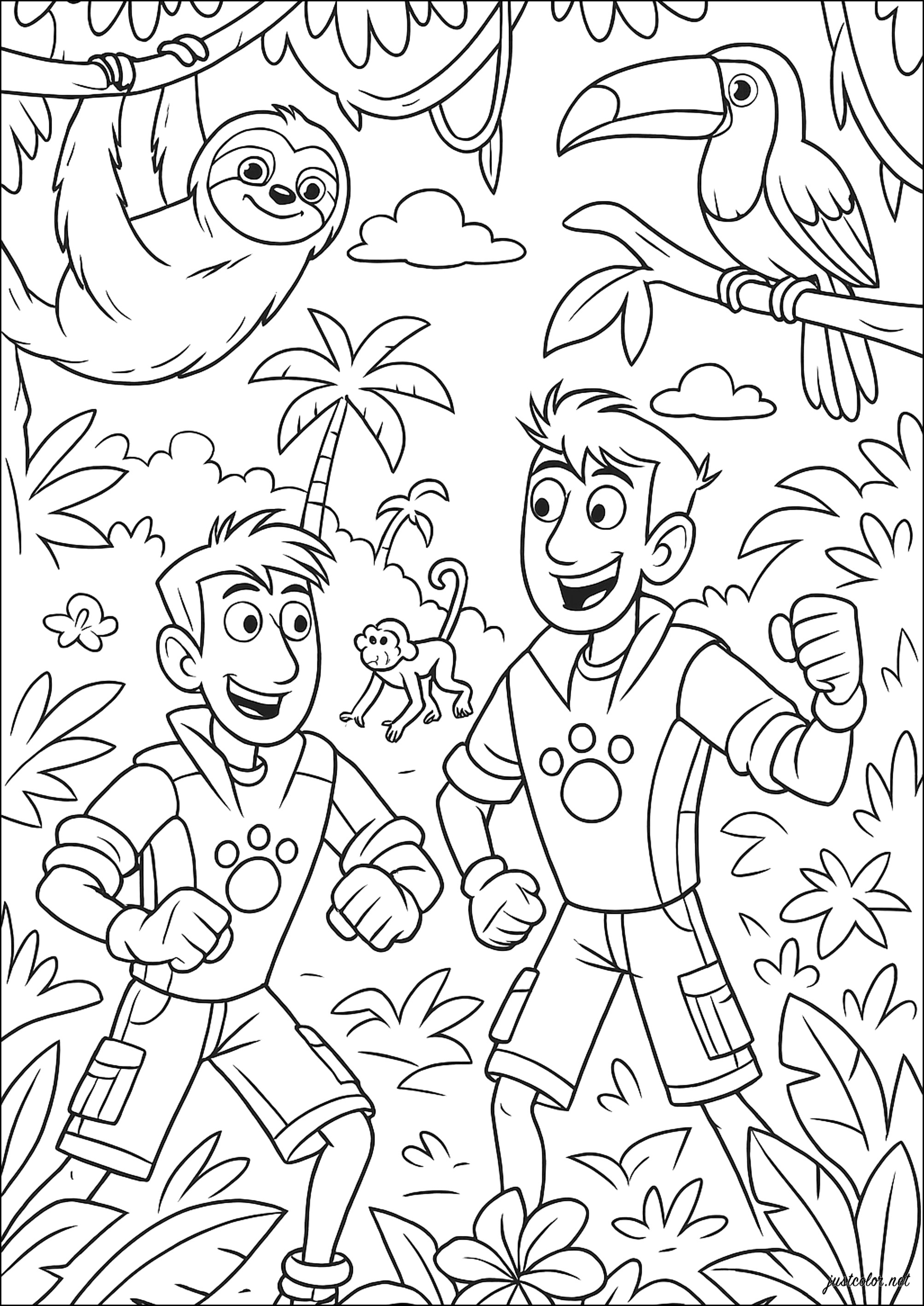 Aventuras tropicales en la selva alegre (Página de Wild Kratts para imprimir para niños)