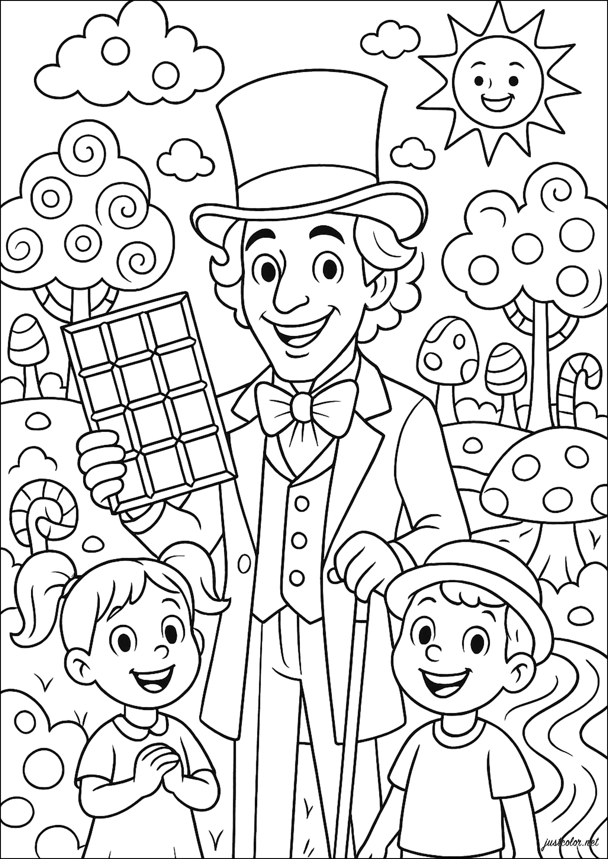Y la fábrica de chocolates (Página de Willy Wonka para imprimir para niños)