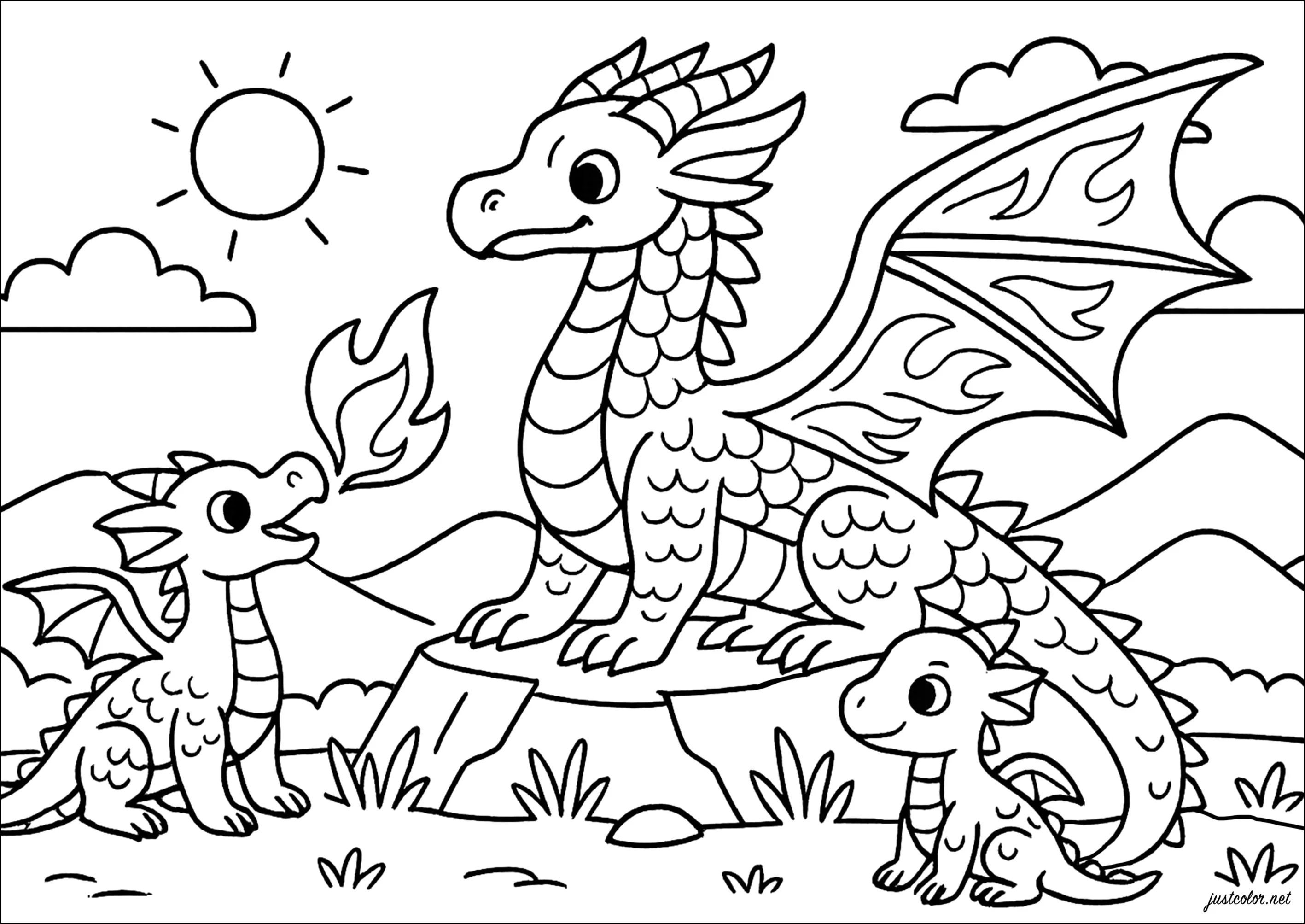 Familia de dragones al atardecer (Página de Wings Of Fire para imprimir para niños)