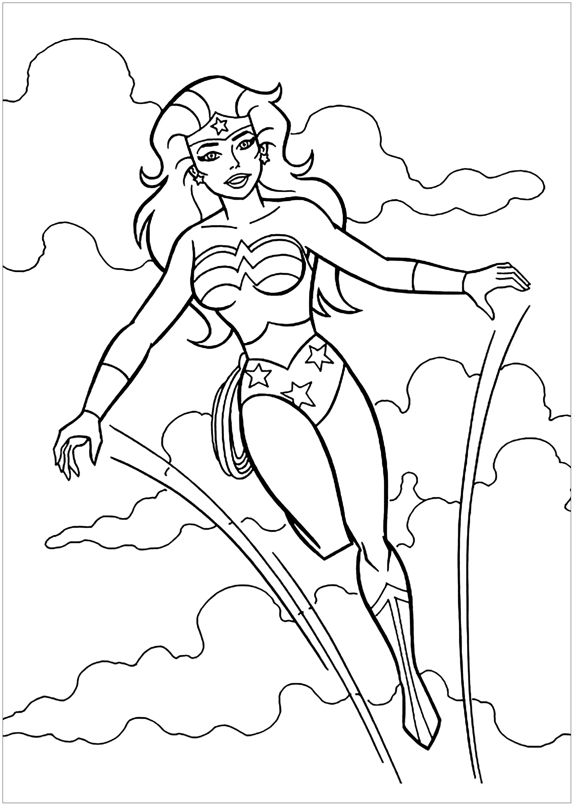 La Mujer Maravilla alza el vuelo (Página de Wonder Woman para imprimir para niños)