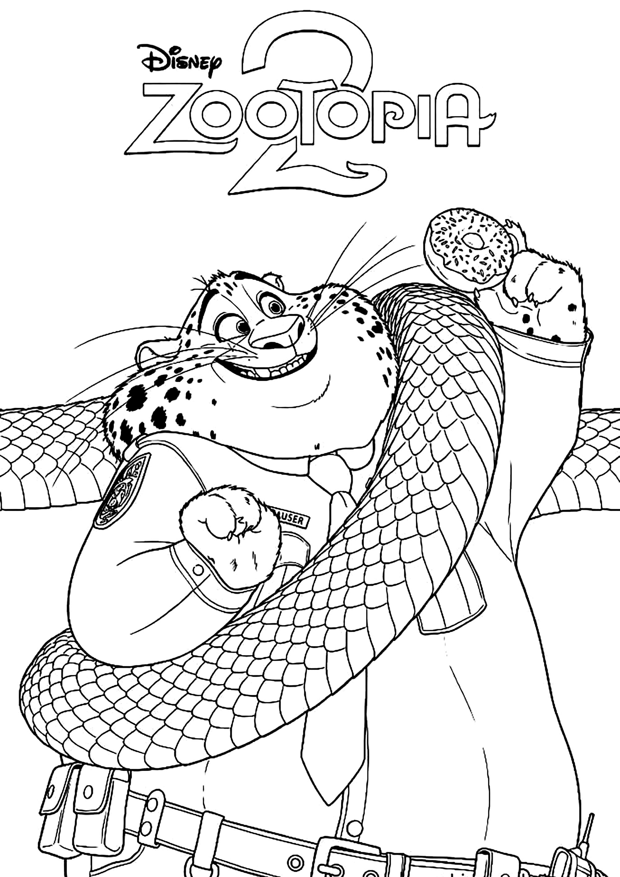 Clawhauser atrapado en la trampa de la serpiente Gary (Página de Zootopia 2 para imprimir para niños)