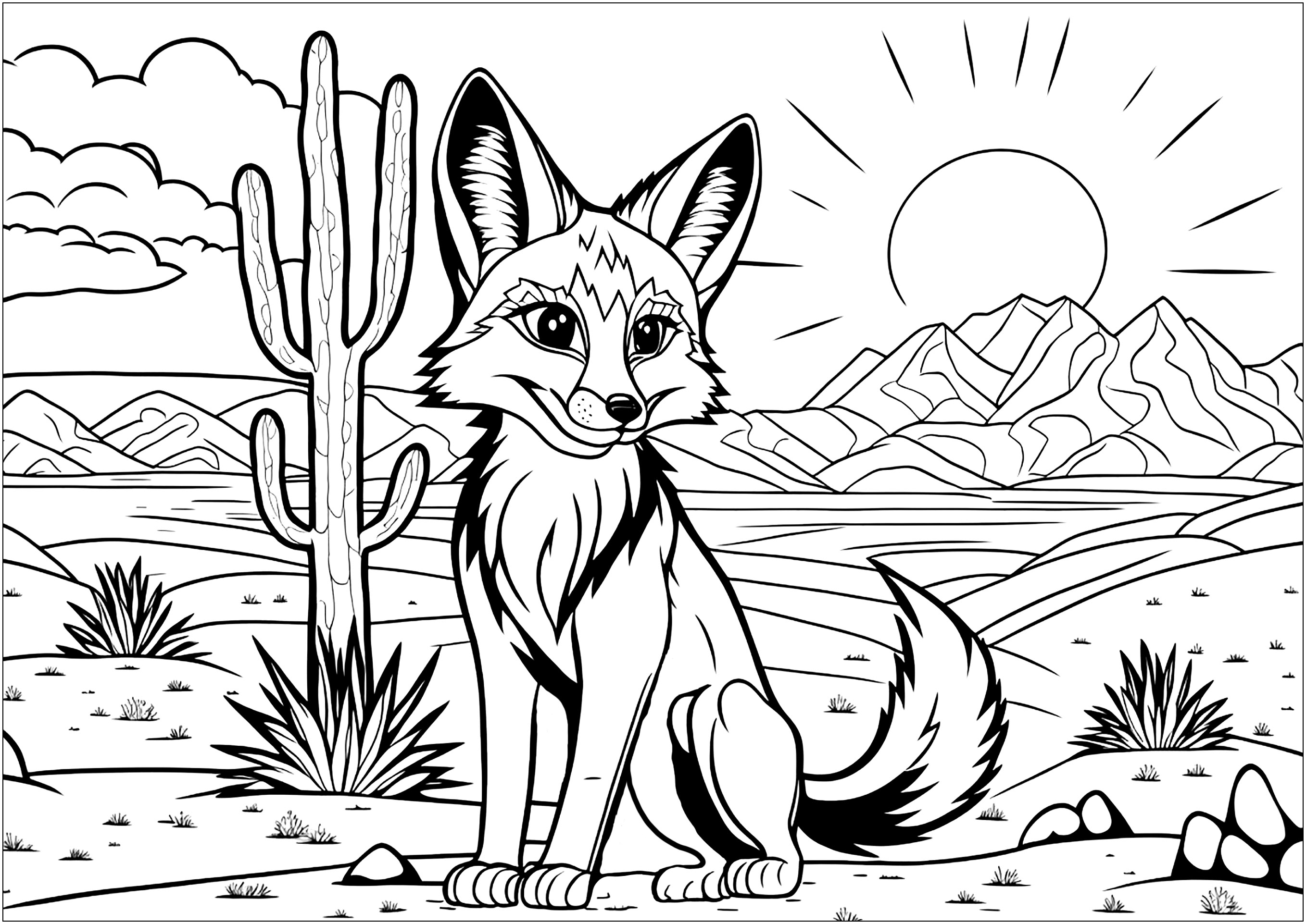 Bonito Zorro en el desierto, rodeado de cactus, con una hermosa puesta de sol detrás de las montañas. Los niños pueden elegir entre los colores cálidos y suaves del desierto y los colores vivos e intensos de la puesta de sol. Podrán crear tonos y matices únicos y creativos para colorear.