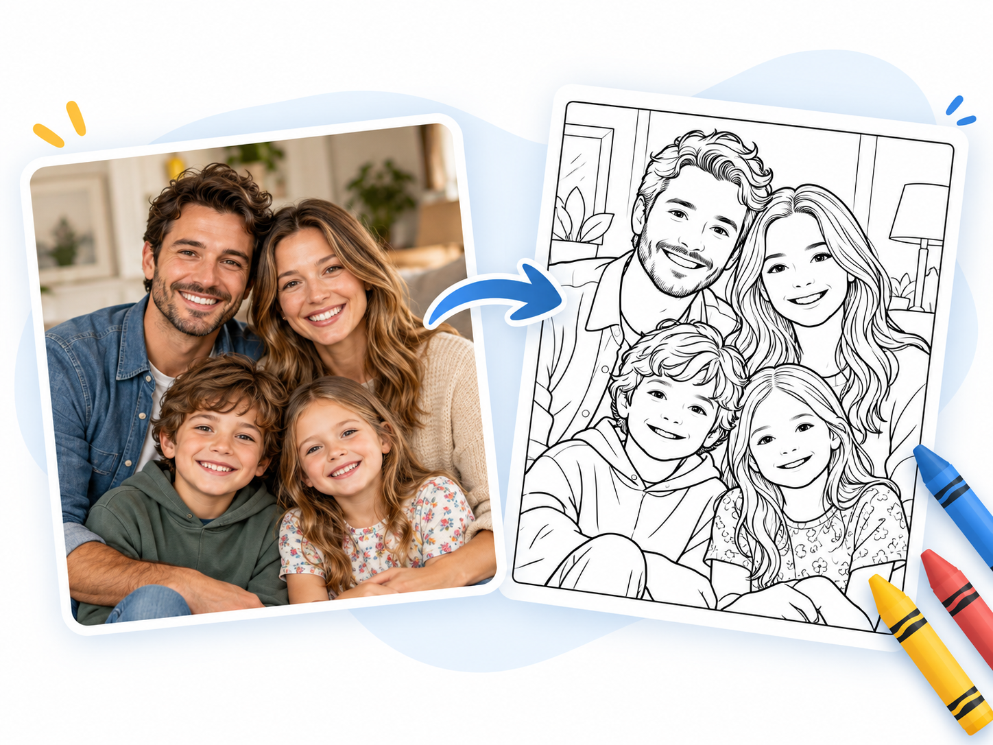 Exemplo: uma foto de família transformada em desenho para colorir.
