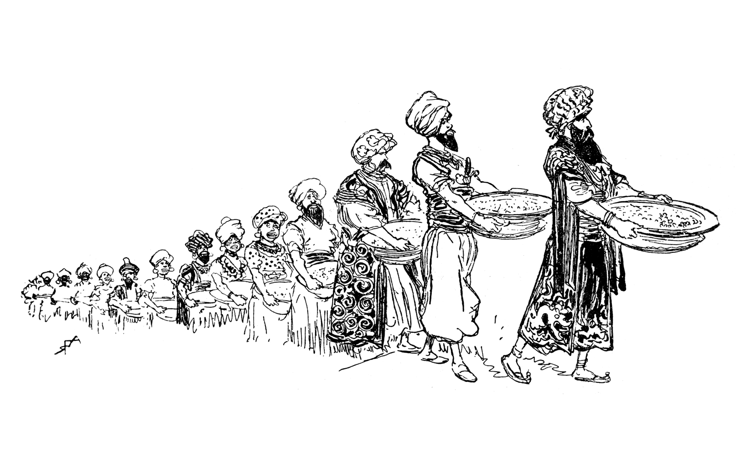 Os habitantes da terra deserta de Agrabah transportam os seus alimentos, uns atrás dos outros