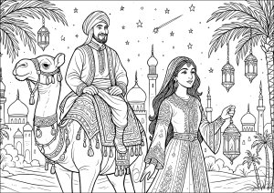 Caravana Mágica sob as Estrelas (Página de Oriental para colorir)