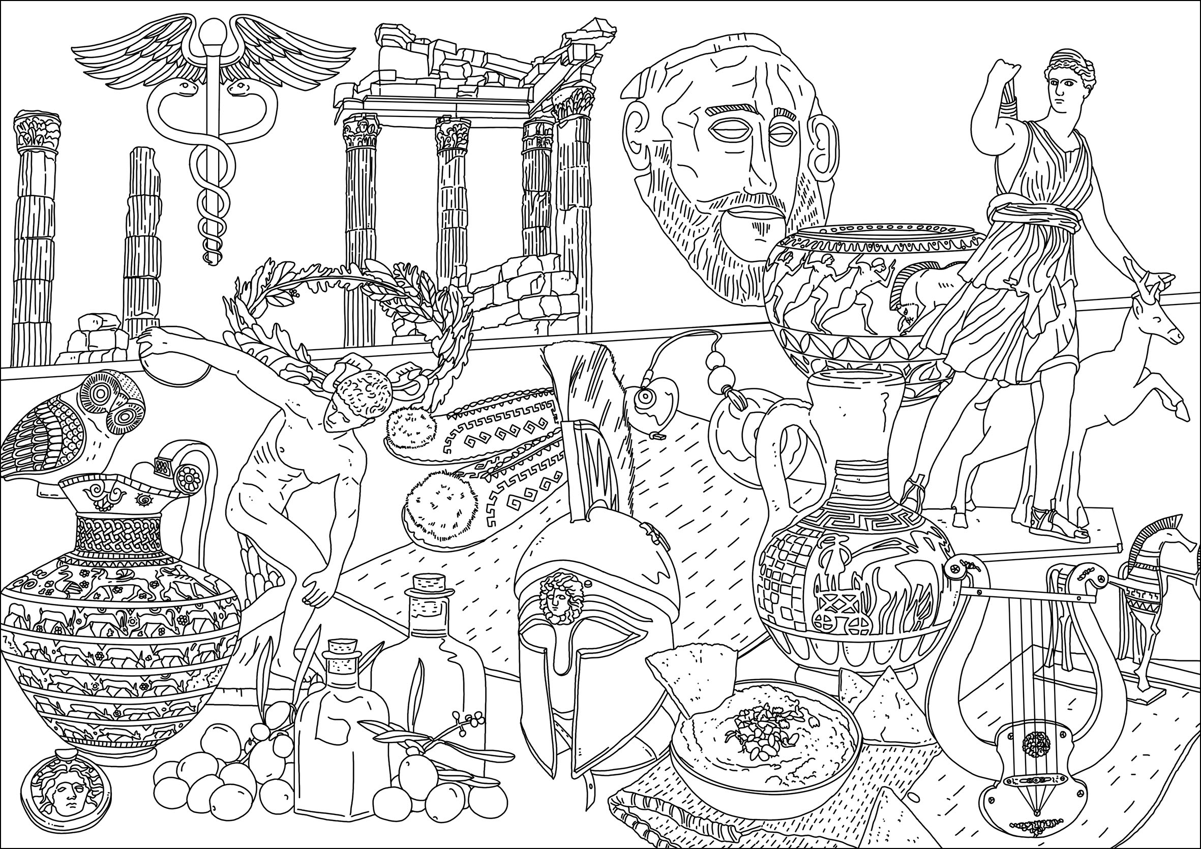 Diferentes símbolos da Grécia. Estátuas, templos, máscaras, instrumentos musicais .., Artista : Frédéric Brogard