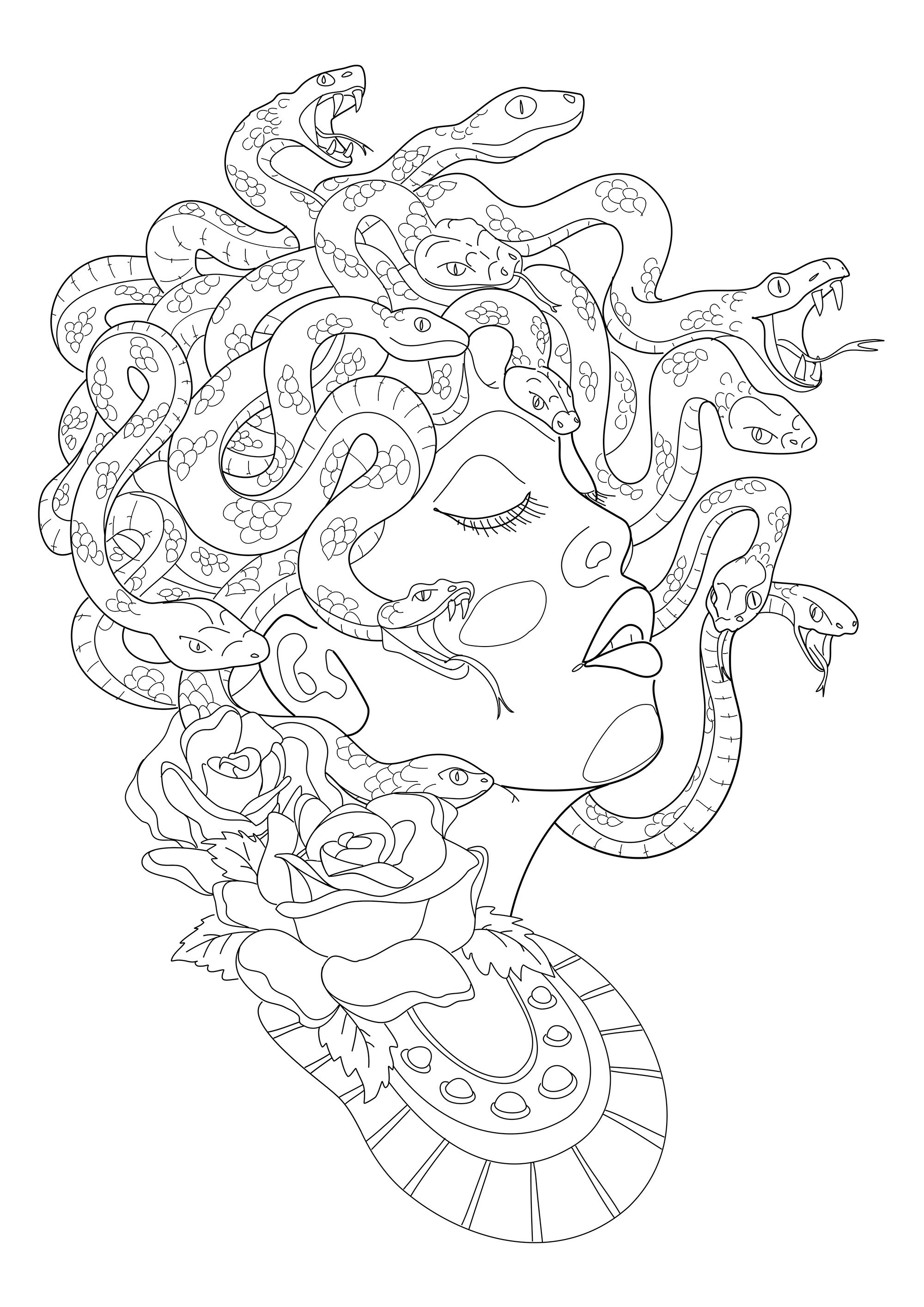 Medusa vista de perfil, com as suas serpentes assustadoras a formar o seu cabelo. Excerto de 'Realistic Tattoos Coloring Book' de Roberto 'Gi, Artista : Roberto Gemori