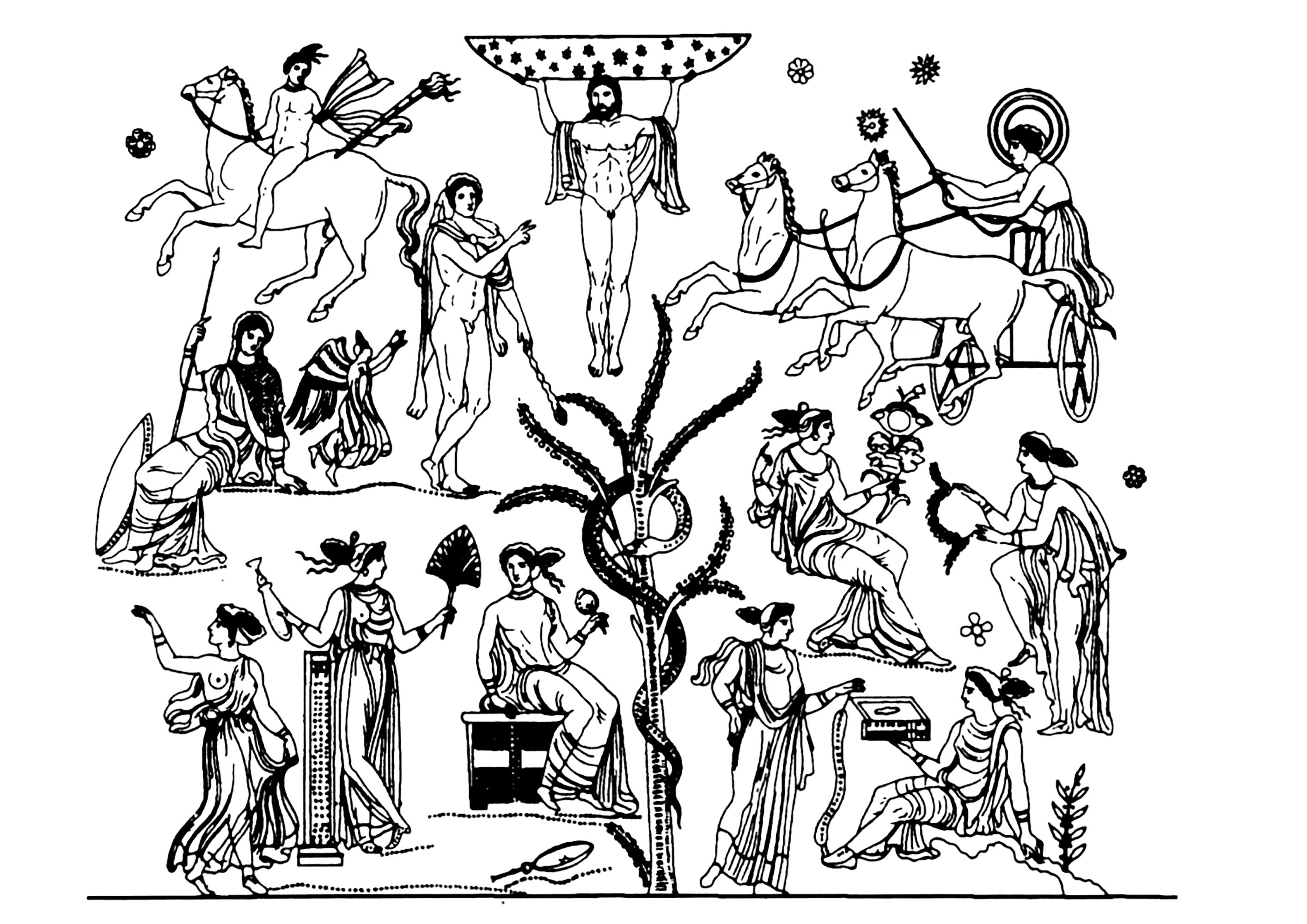 Heróis e heroínas da mitologia grega. Representação axial de Atlas e da árvore do Jardim das Hespérides, vaso datado entre 340 e 320 a.C.Apresenta Atlas, Hélois, Phosphoros, Nikè, Athéna, Phérécyde, Héraclès...