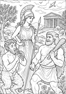 Atena, Hércules e um sátiro (Página de Grécia antiga para colorir)