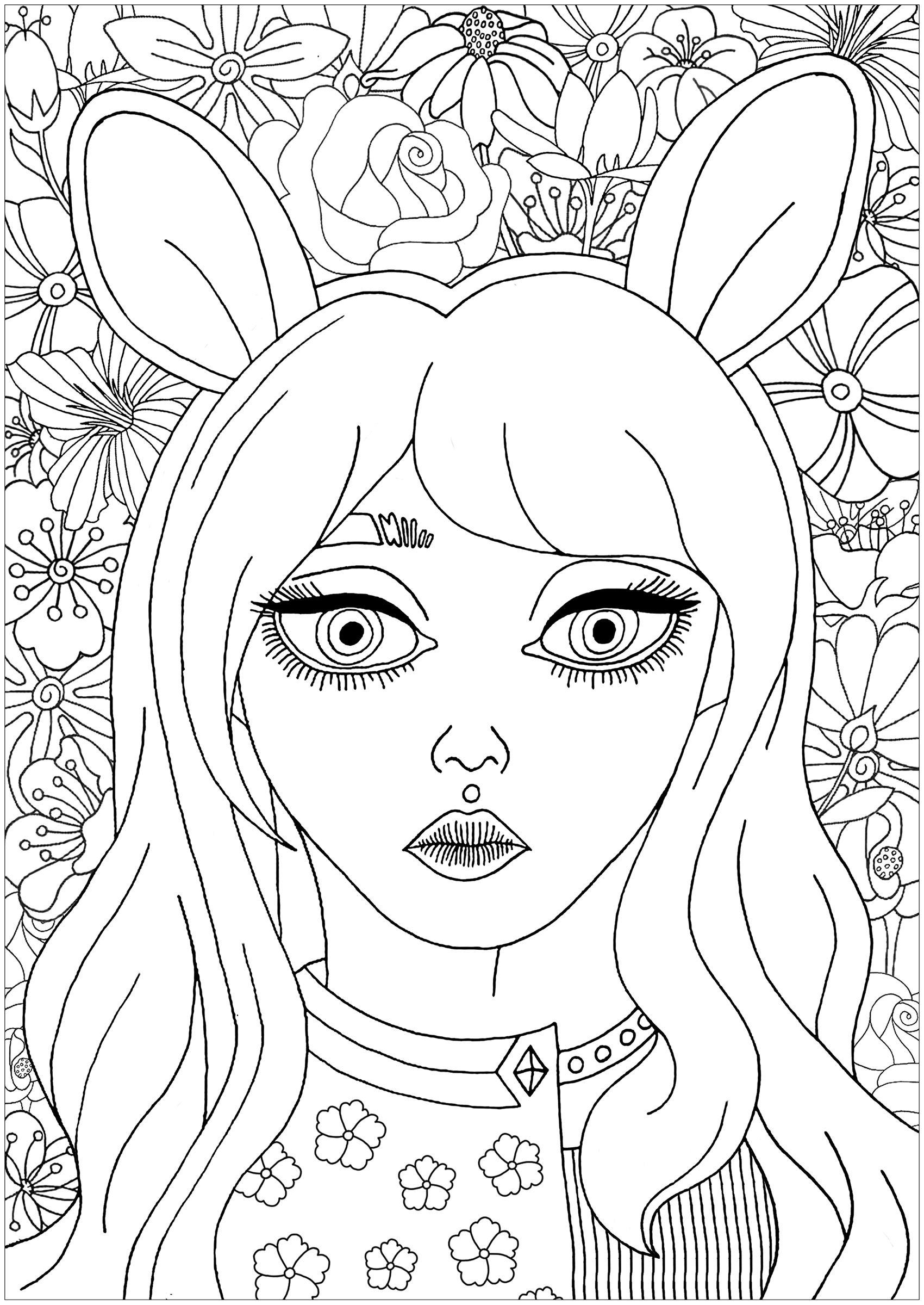 Retrato giro de uma rapariga com orelhas de coelho, com bonitas flores para colorir no fundo